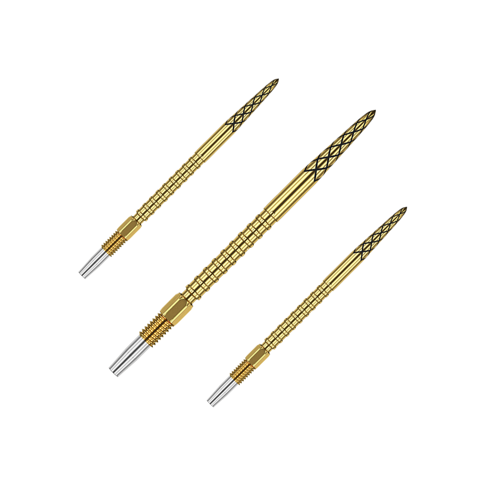 Target Swiss DS Surge Point Dart Tips – zlaté Auf dem Bild sind drei goldene Dartspitzen mit schwarzen Rillen zu sehen. Sie sind lang und haben ein silbernes Gewinde am unteren Ende.