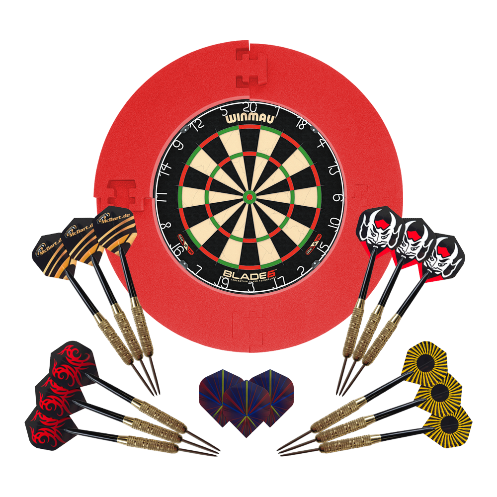 Dieses Bild zeigt das Winmau Blade 6 Bundle mit 12 McDart Steeldarts und rotem Catchring. Das Produkt ist für Dartspieler gedacht.