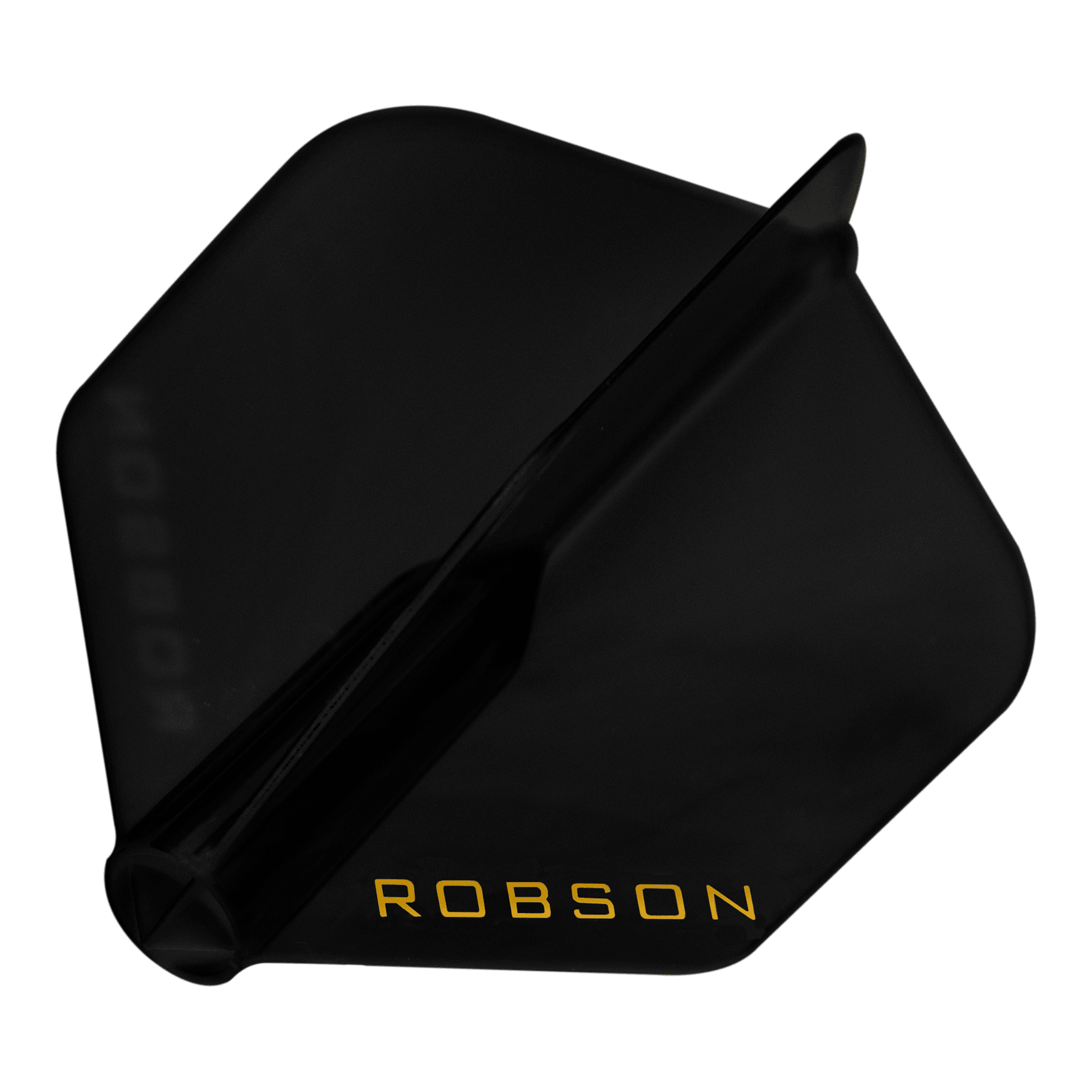 Lety Robson Plus – standardní Das Bild zeigt einen schwarzen Dart-Flügel mit der Aufschrift "ROBSON" in gelber Farbe. Der Flügel hat eine standardmäßige, fünfeckige Form.