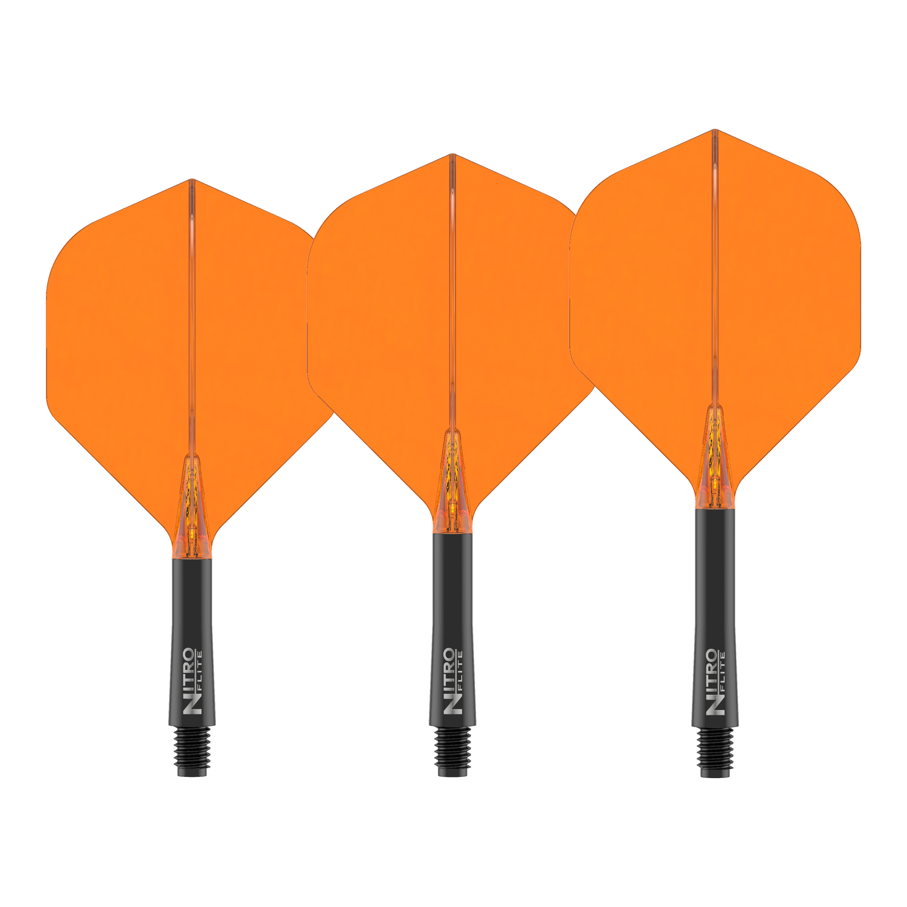 Dies ist das Produkt Red Dragon Nitroflite Black Shaft Orange Flights No2. Es wird ein Dart-Schaft mit orangefarbenen Flights gezeigt.