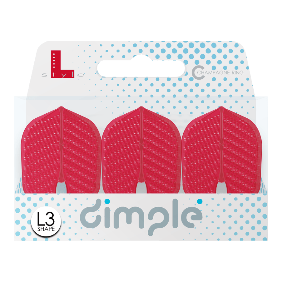 L-Style Flights Dimple Champagne L3PRO Shape Das Bild zeigt eine Packung mit drei roten L-Style Flights Dimple Champagne im L3PRO Shape. Die Verpackung ist weiß mit blauen Punkten und dem Aufdruck "dimple".