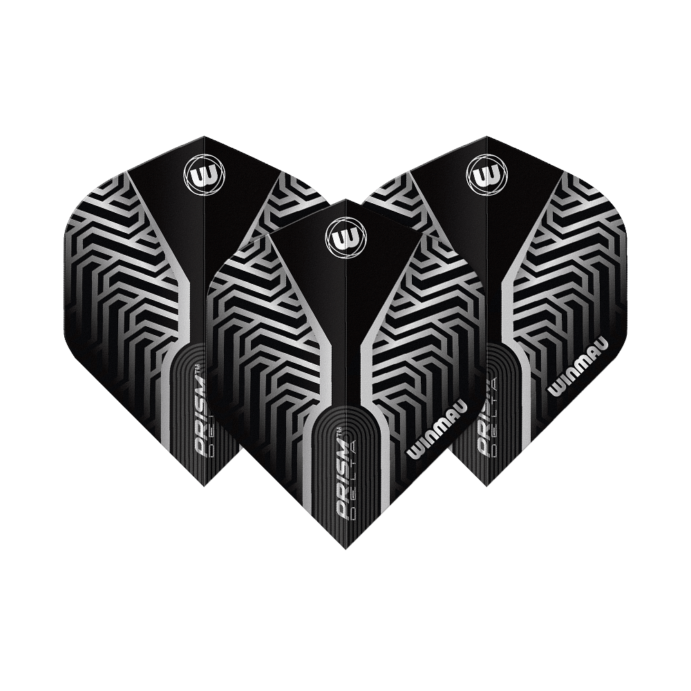 Letky Winmau Prism Delta Silver No2 Standard Dieses Bild zeigt Winmau Prism Delta Silver No2 Standard Flights. Silberne und schwarze Dart-Flights sind dargestellt.
