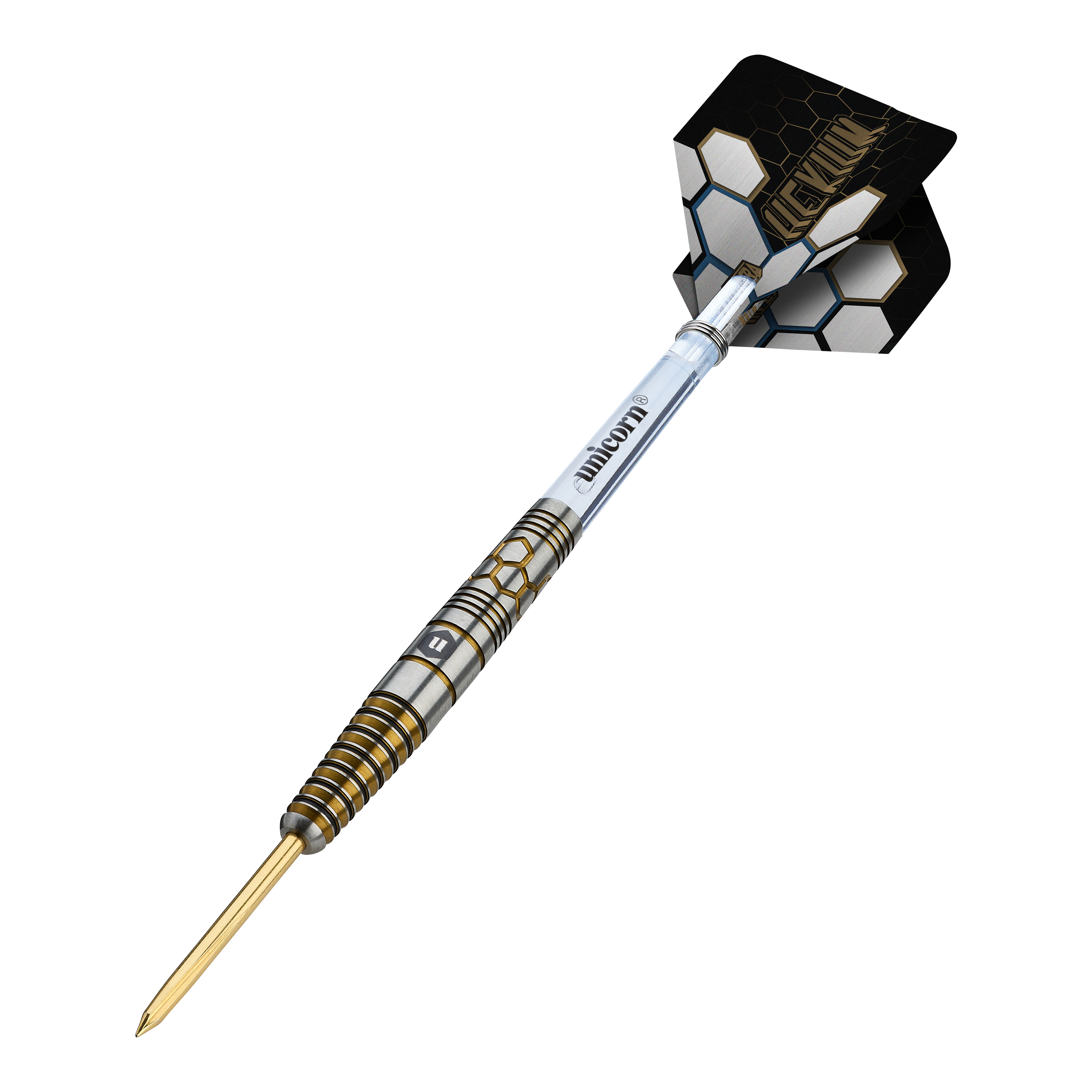 Ocelové šipky Unicorn Hexium Style 03 Zlaté a černé Unicorn Hexium Style 03 Gold & Black Steeldarts sind auf diesem Bild zu sehen. Das Design kombiniert schwarze und goldene Elemente auf den Steeldarts.