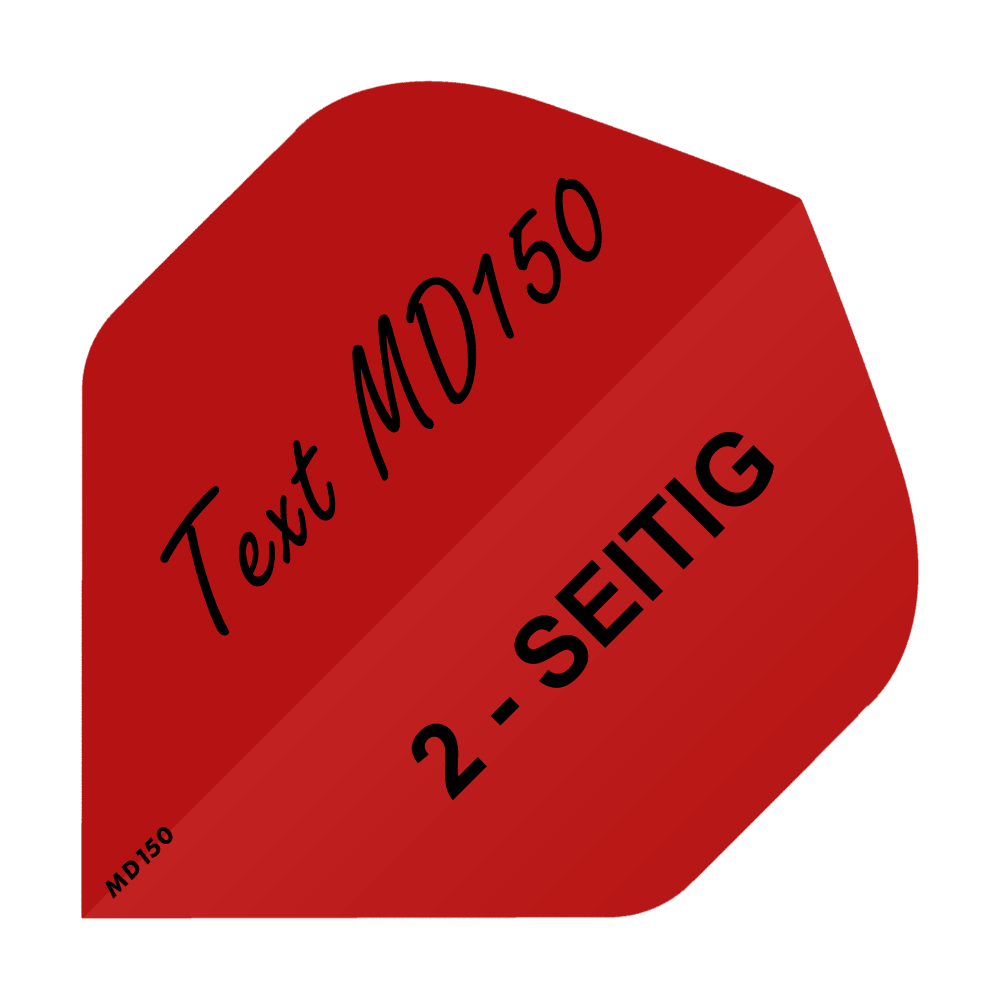 MD-207_2-Seitig_Bedruckte_Flights_Wunschtext_MD150_Rot_Standard_1 Das Bild zeigt eine rote Dart-Flight mit schwarzem Text. Auf der Flight steht "Text MD150" und "2 - SEITIG".