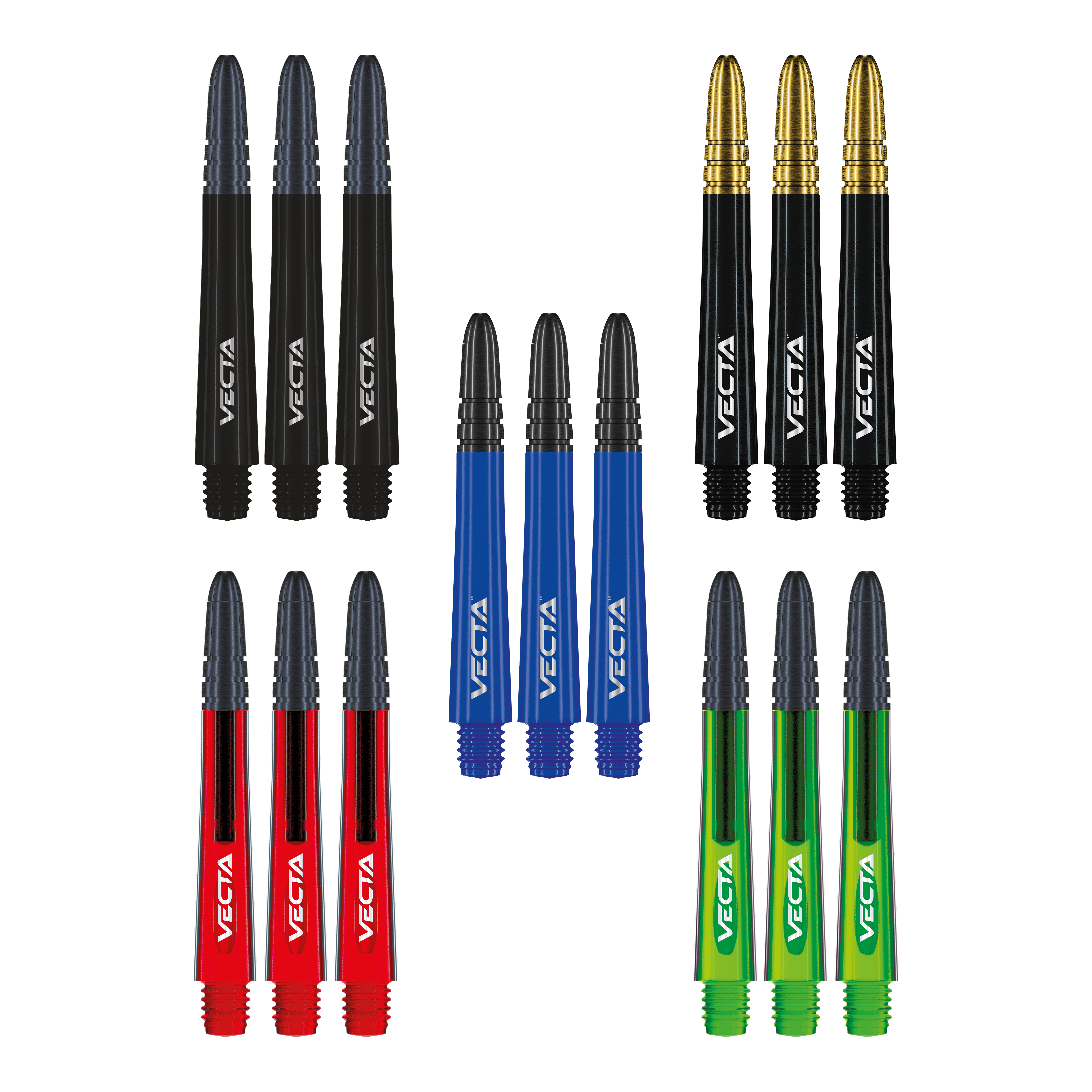 Das Foto zeigt die Winmau Vecta Shaft Collection. Die Sammlung umfasst verschiedene Dartschäfte.