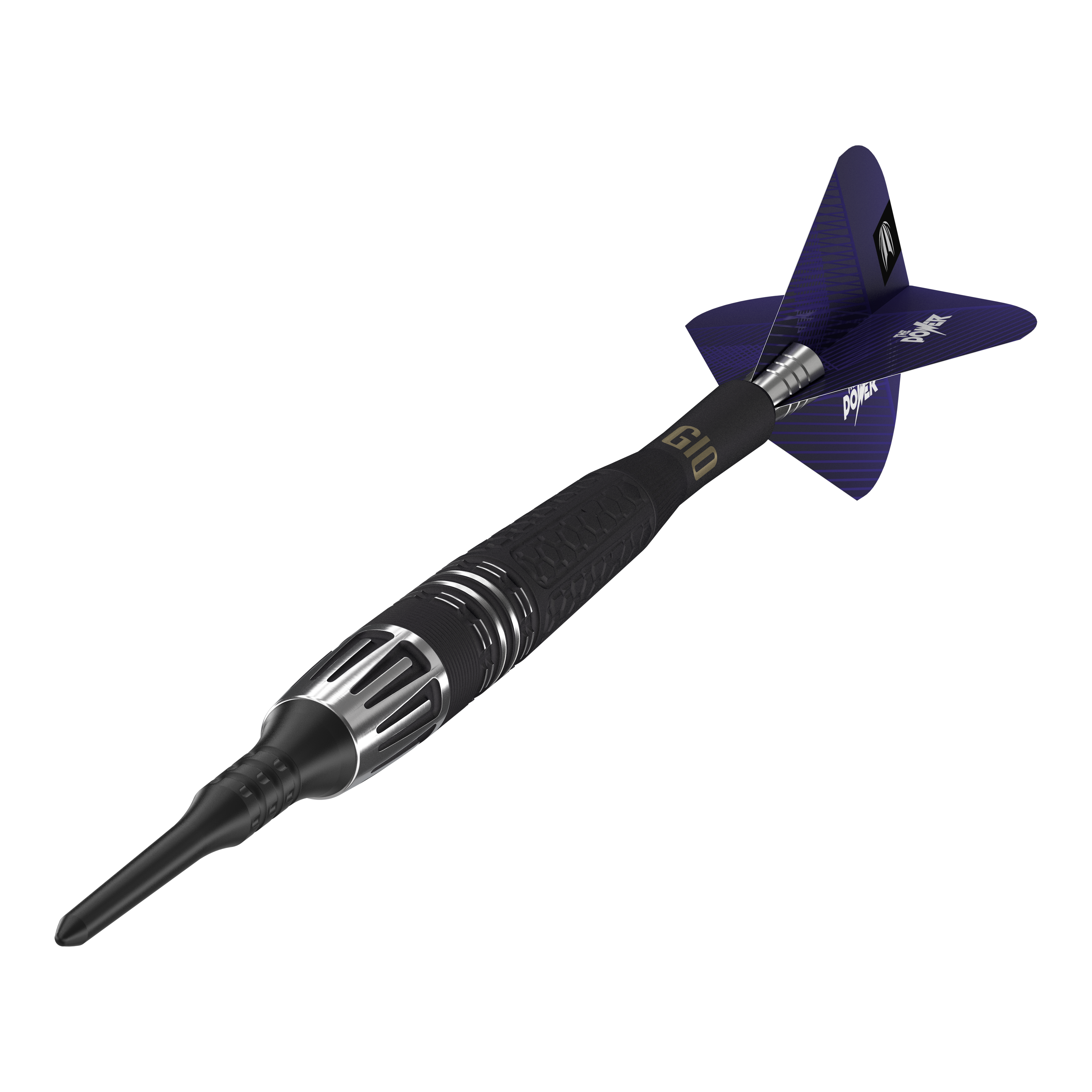 Měkké šipky Target Phil Taylor Power 9Five GEN10 Auf dem Bild ist ein Target Phil Taylor Power 9Five GEN10 Softdart zu sehen. Der Dartpfeil hat ein modernes Design mit schwarzen und silbernen Details sowie blauen Flights.