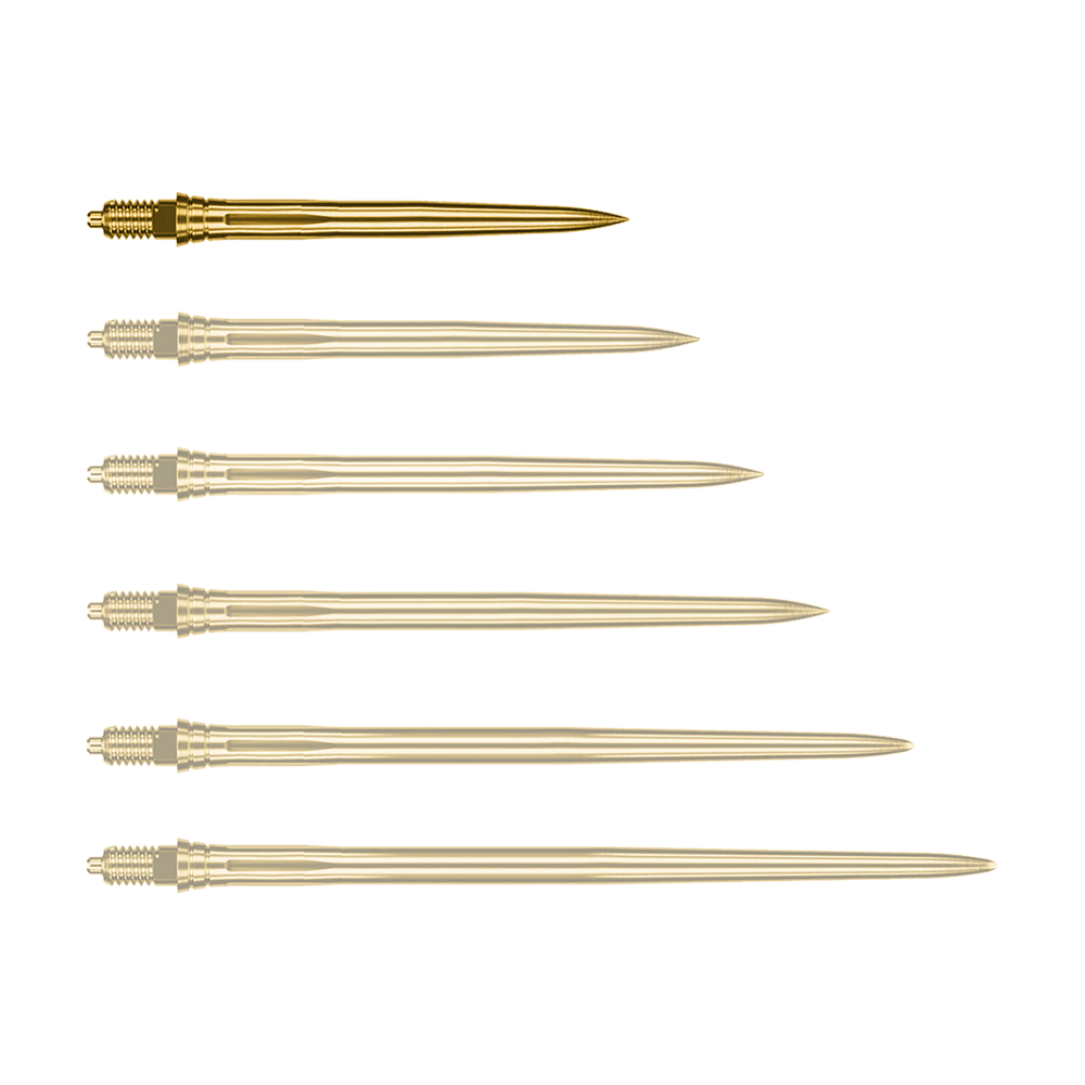 Špičky šipek Caliburn EZ-EVO - Hladké - Zlaté Auf dem Bild ist eine einzelne goldene Dartspitze zu sehen, vermutlich 28mm lang. Es handelt sich um eine Caliburn EZ-EVO Dartspitze der Variante Smooth.