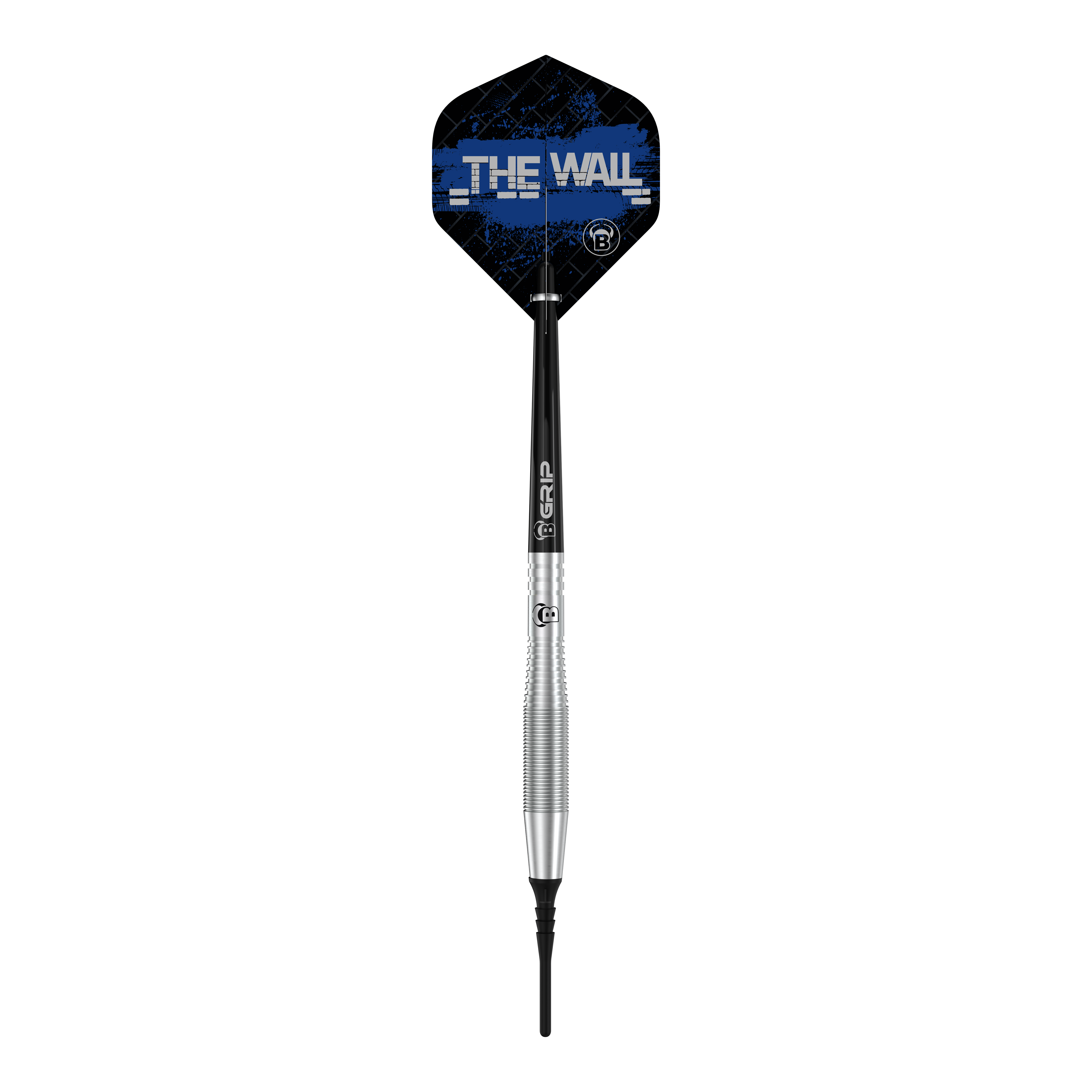 Dies ist ein Bulls Martin Schindler TW80 Softdart mit einem Gewicht von 18g. Auf dem Flight steht in blauer Schrift "THE WALL".