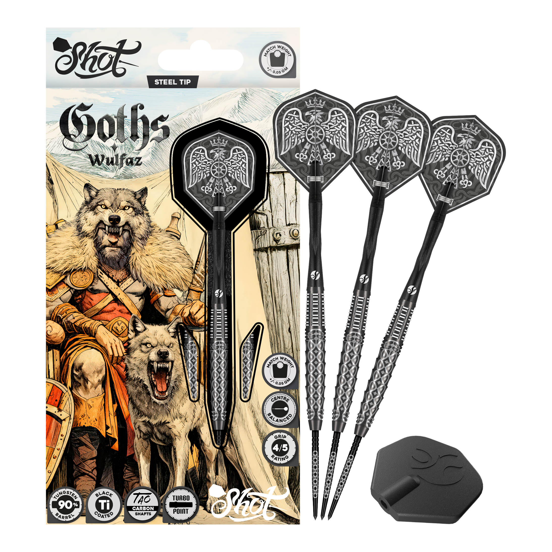 Ocelové šipky Shot Goths Wulfaz Turbo Point - 23g Auf diesem Bild sieht man die Shot Goths Wulfaz Turbo Point Steeldarts - 23g in voller Ansicht. Das Design ist auffällig und für Dart-Fans interessant.