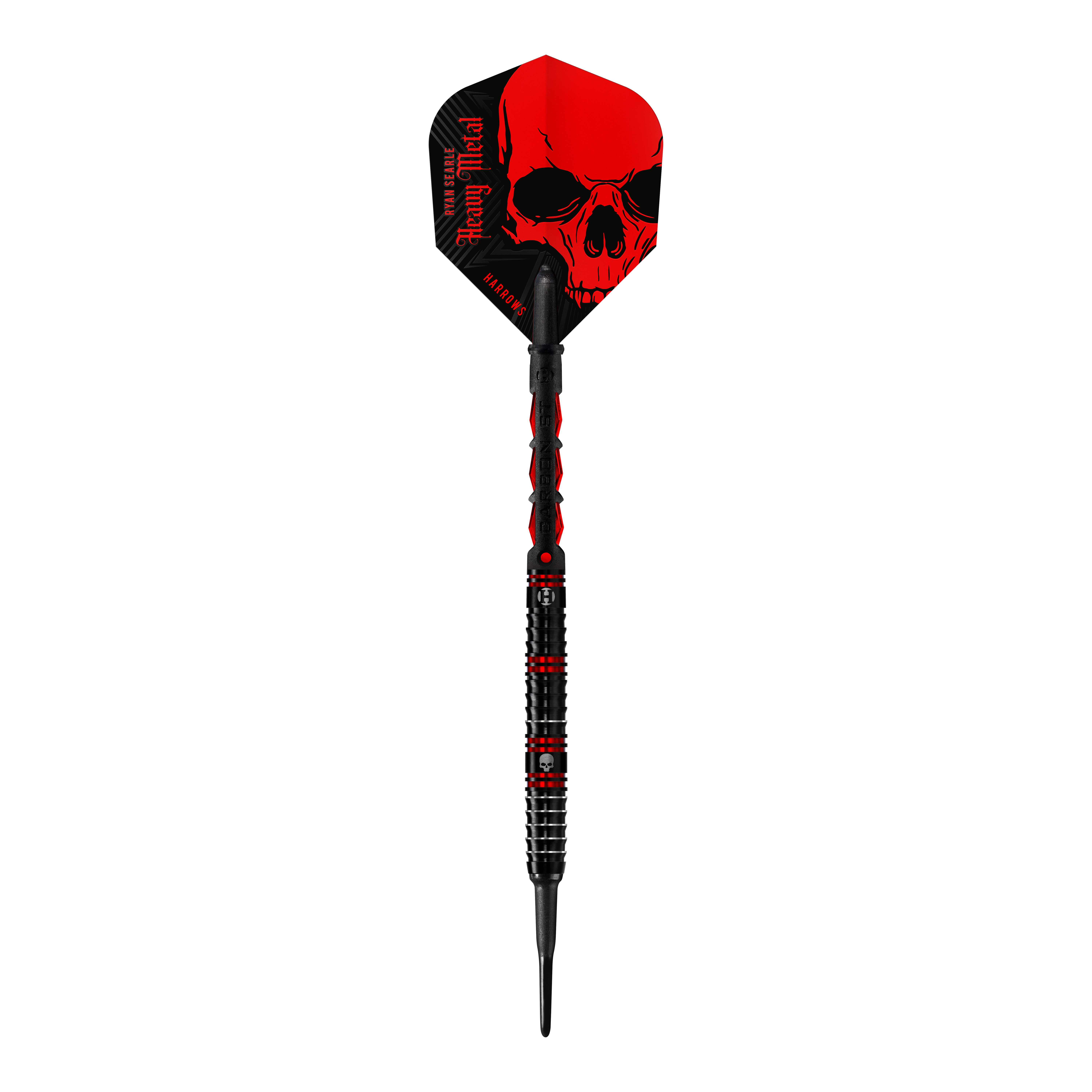 Měkké šipky Harrow's Ryan Searle Heavy Metal Der abgebildete Dartpfeil ist der „Harrows Ryan Searle Heavy Metal Softdart“. Er hat ein auffälliges schwarzes Design mit roten Elementen und einem Totenkopf auf dem Flight.