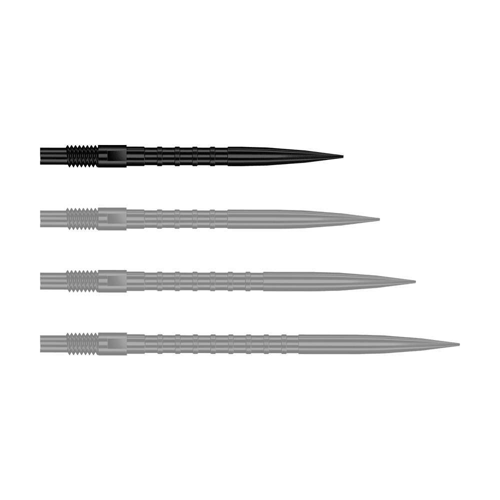 Das Bild stellt QP33164 Harrows Quick Point HeavyMetalGrip Dartspitzen Schwarz 26mm dar. Diese Dartspitzen sind schwarz und besitzen einen starken Metallgriff.