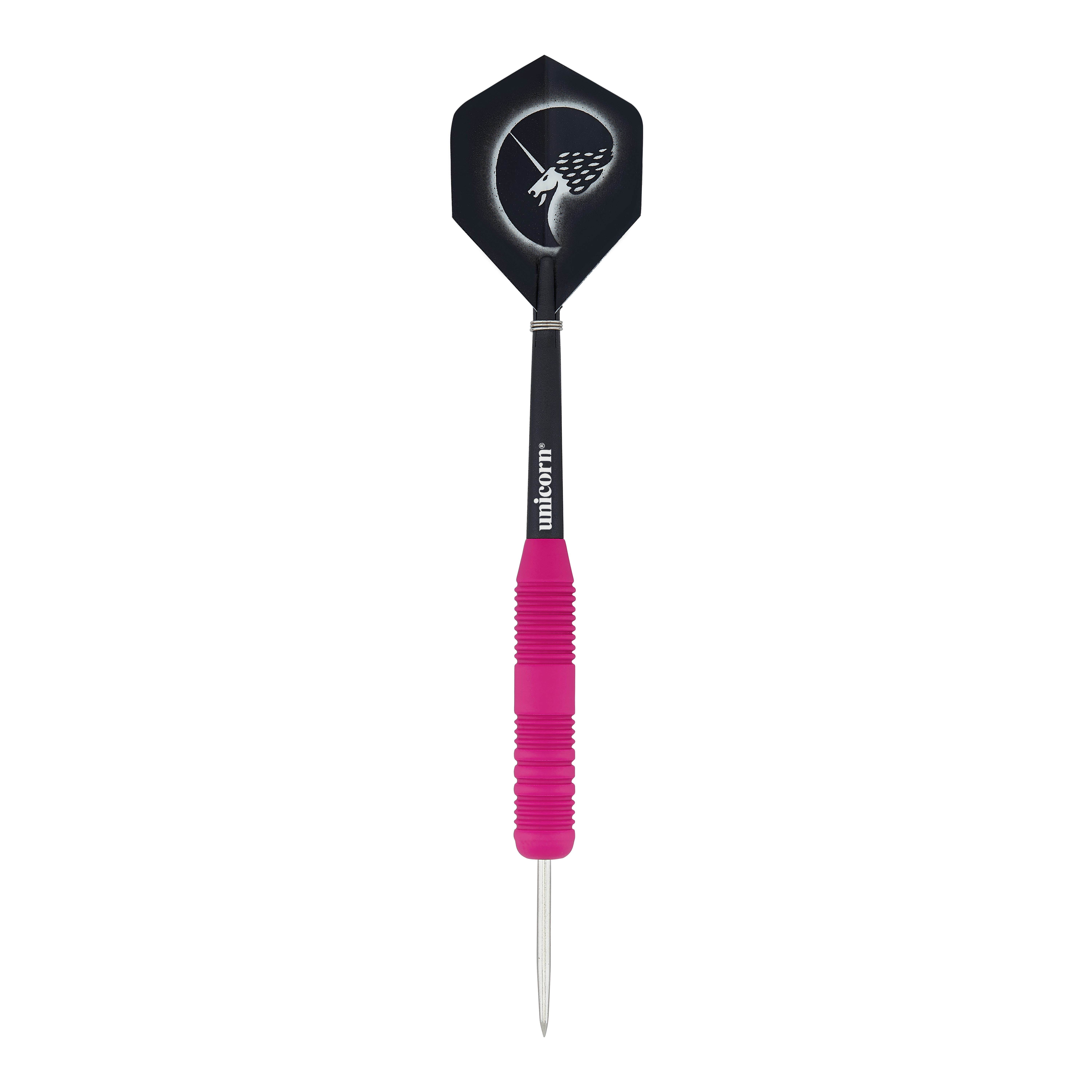 Šipky Unicorn Core Plus pogumované růžové ocelové Dies ist ein Steeldart mit einer pinken, gummierten Griffzone. Das Flight zeigt ein Einhorn-Design auf schwarzem Hintergrund.