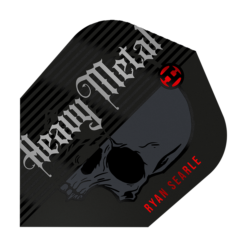 Harrow's Ryan Searle Heavy Metal Series 2 Lety Das Bild zeigt ein Dart-Flight mit dem Aufdruck "Heavy Metal" und einem Totenkopf-Design. Unten rechts steht in roten Buchstaben der Name "Ryan Searle".