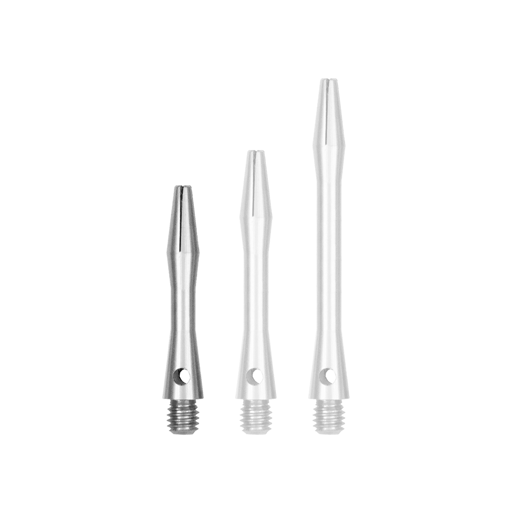 516_Aluminium_Shafts_Silber_30mm_1 Das Bild zeigt drei silberne Aluminiumschäfte in unterschiedlichen Längen. Sie sind glatt, haben ein Gewinde am unteren Ende und eine kleine Bohrung in der Mitte.
