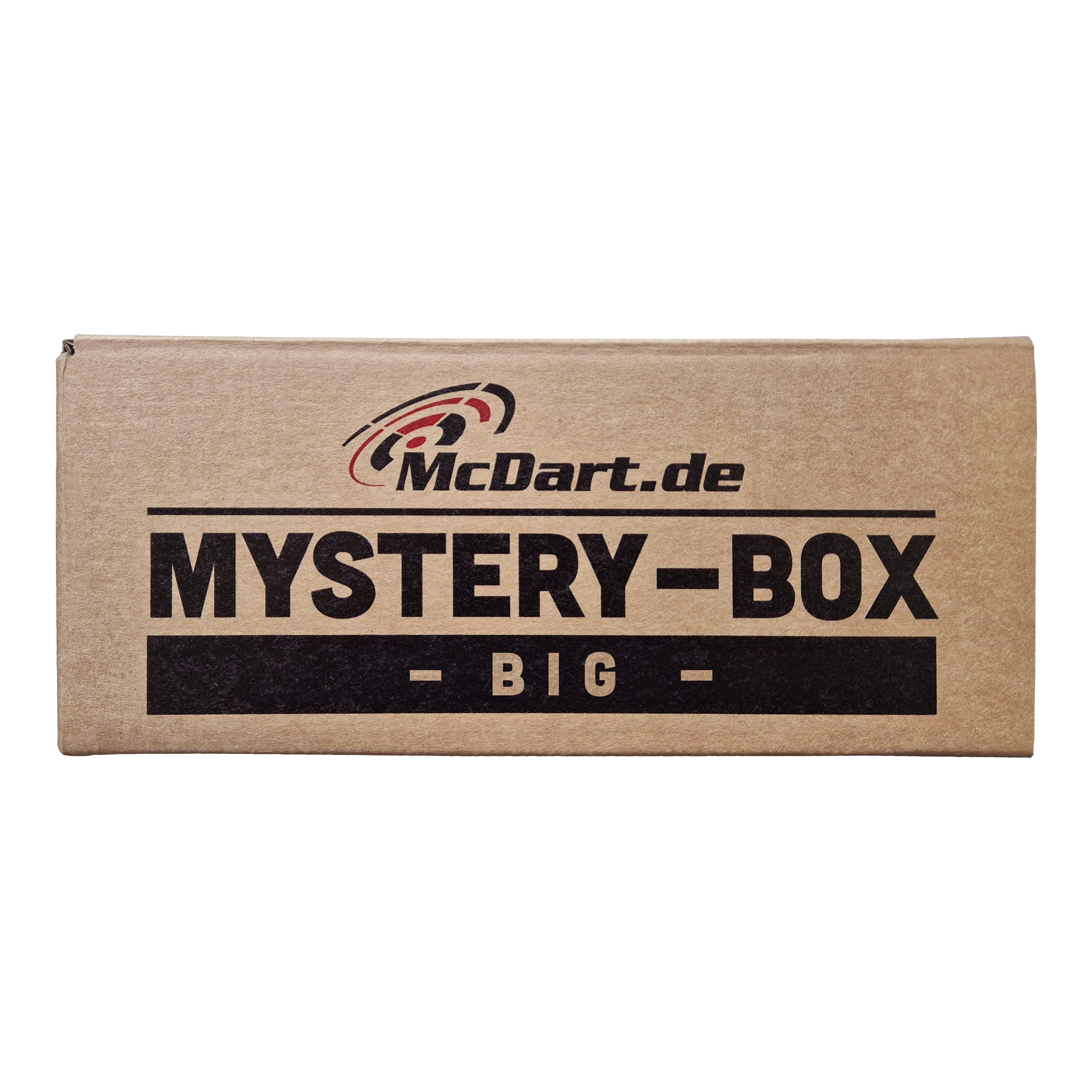 McDart Mystery Box - měkké šipky Auf dem Bild ist eine große braune Box mit der Aufschrift "McDart.de Mystery-Box - Big" zu sehen. Die Verpackung wirkt geheimnisvoll und verspricht eine Überraschung.