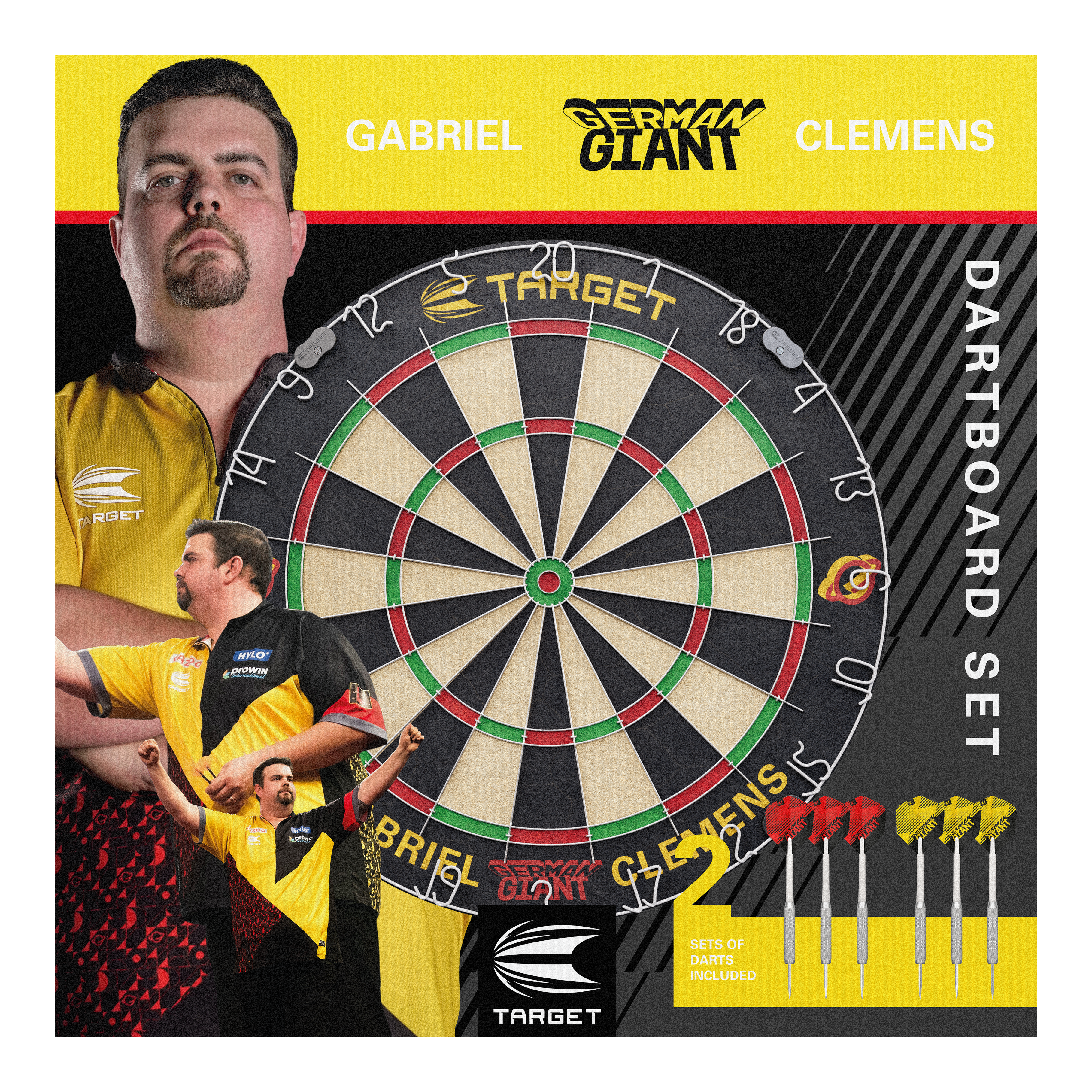 Sada ocelových terčů Target Gabriel Clemens Das Bild zeigt das "Target Gabriel Clemens Steeldartboard Set" mit einem großen Dartboard in der Mitte. Rechts unten sind zwei Sets von Darts abgebildet, und im Hintergrund sieht man Bilder von Gabriel Clemens.