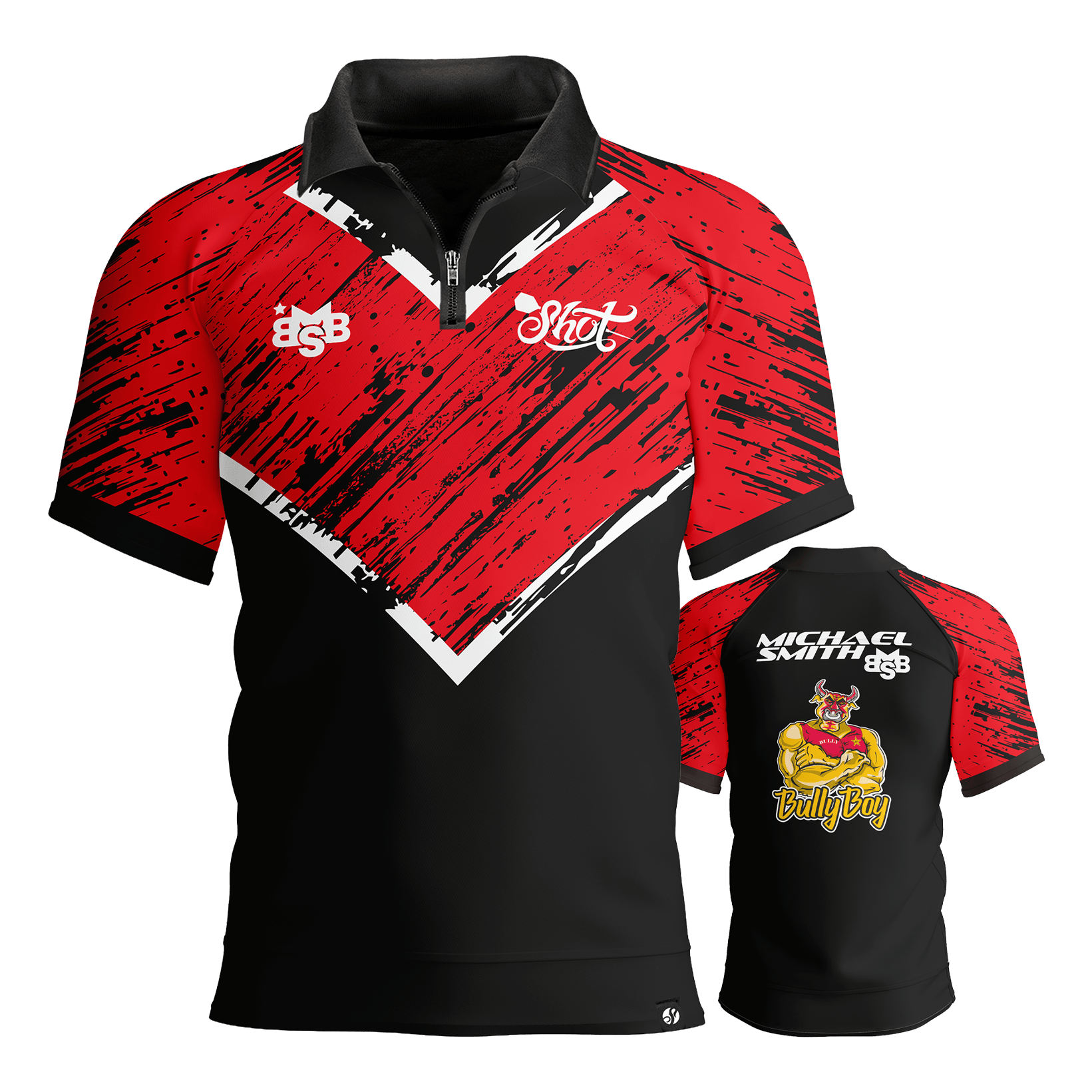 Polokošile Shot Michael Smith s červenými pruhy a logem Abgebildet wird das Shot Michael Smith Red Strip Polo Dartshirt. Dieses Polo ist ideal für Dartspieler und Fans.