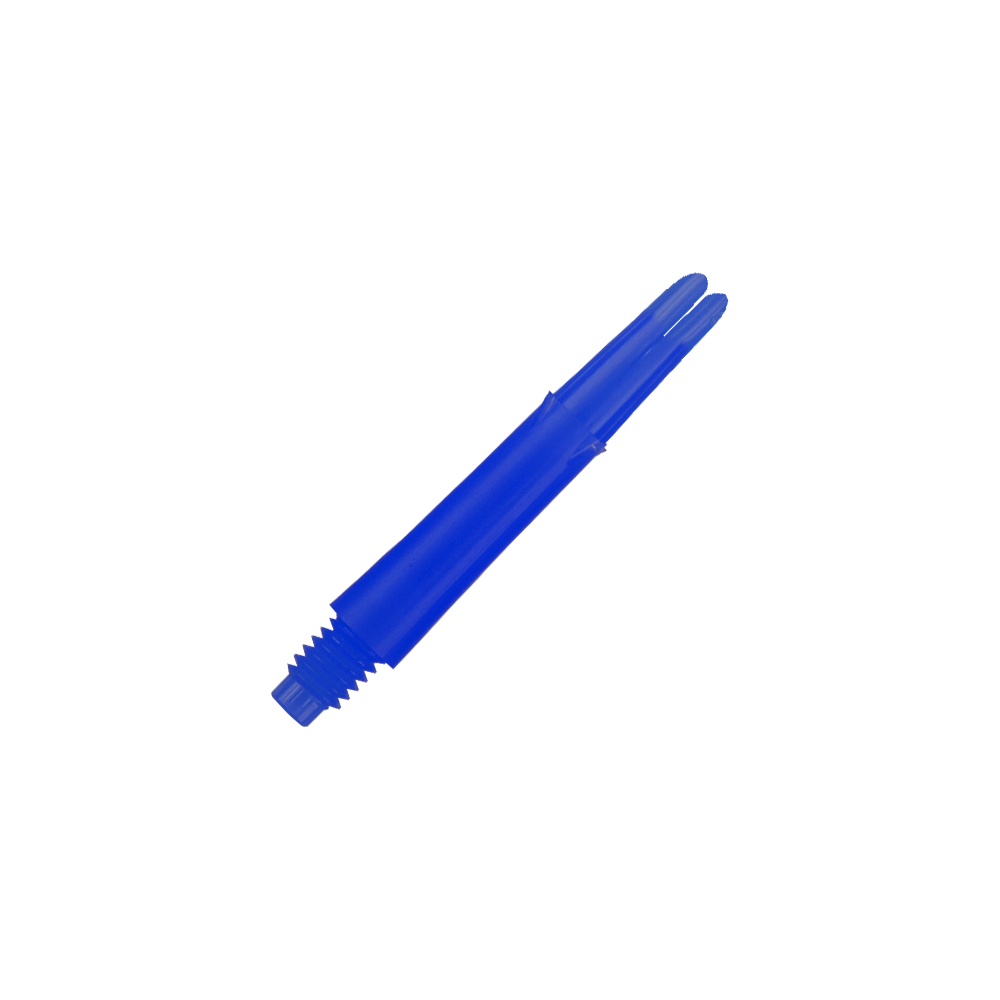 L-tvarované L-hřídele, rovné, zajištěné - modré Das Bild zeigt einen blauen geraden Dart-Schaft mit Gewinde am unteren Ende. Der Schaft ist 32 mm lang und hat keine Kappen.