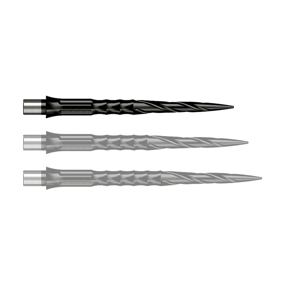 Das Bild zeigt Steeldartspitzen aus der Datei 'EVO007_Caliburn_Evo_System_Steeldartspitzen_Spiro_NoLip_Black_28mm_1_(1)'. Eine einzelne schwarze Dartspitze ist deutlich sichtbar.