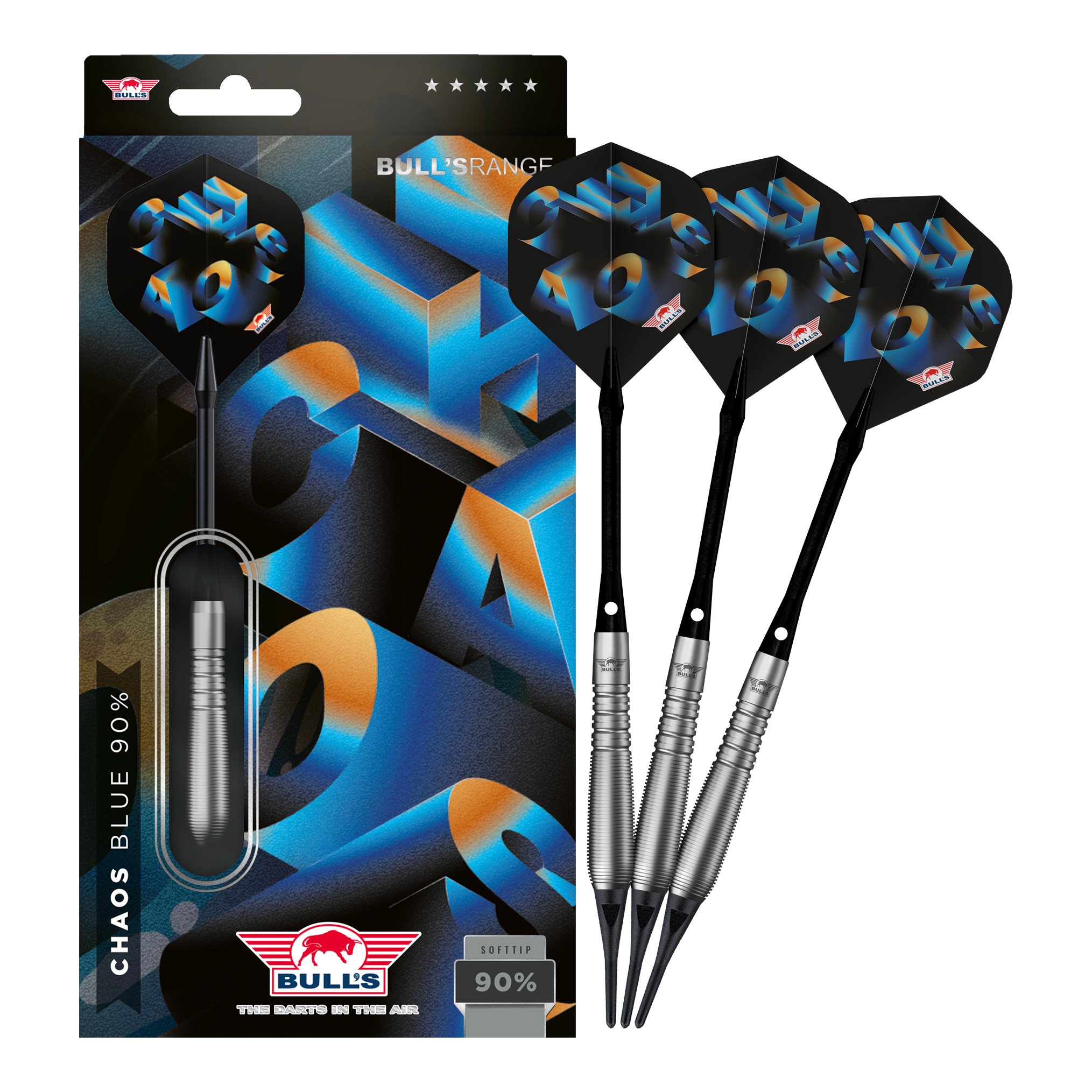 Šipky Bulls NL Chaos Blue Soft - 19g Das Foto präsentiert Bulls NL Chaos Blue Softdarts mit 19g Gewicht in ihrer vollen Länge. Die Softdarts sind in auffälligem Blau gehalten.