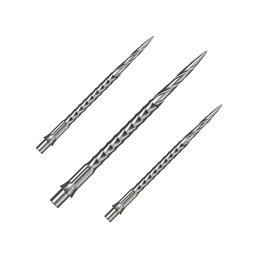 Ocelové hroty na šipky Caliburn System - Spiro - NoLip - stříbrné Dieses Bild zeigt ein Set von silbernen Steeldartspitzen des Caliburn Evo Systems. Das Spiro NoLip Design ist erkennbar, die Spitzen sind 40 mm lang.