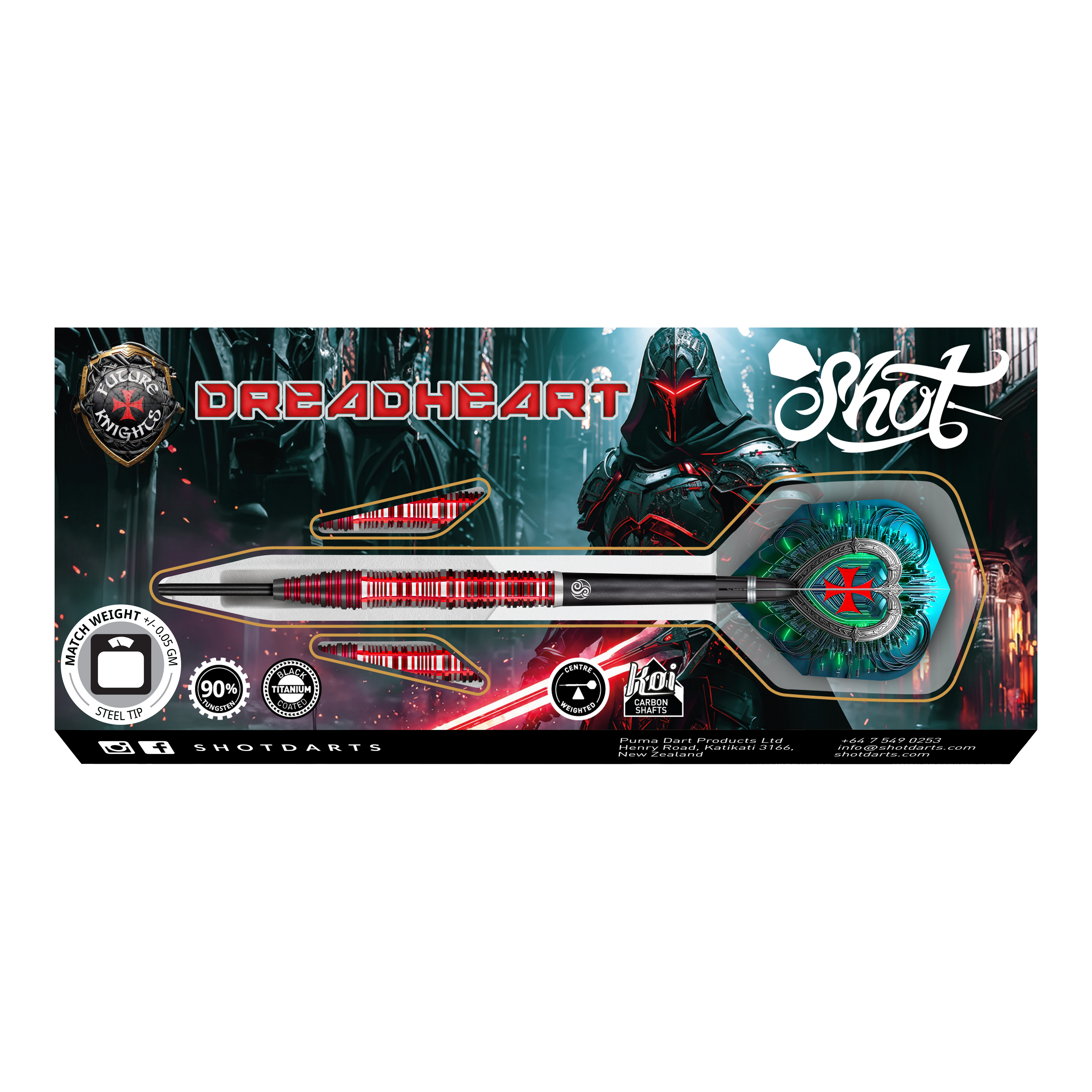 Das Bild zeigt die Verpackung der "Shot Future Knights Dreadheart Steeldarts". Im Hintergrund ist eine futuristische Ritterfigur abgebildet, und der Dartpfeil ist prominent in der Mitte platziert.