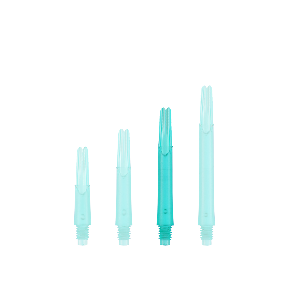 L-L-Style-Shafts Uzamčené rovné - Emerald Das Bild zeigt vier türkisfarbene, gerade Kunststoffschäfte, die in aufsteigender Reihenfolge von links nach rechts angeordnet sind. Sie haben unten ein Schraubgewinde und sind oben für die Aufnahme von Flights vorgesehen.