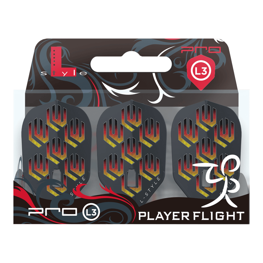 Letky L-L-Styleukas Wenig V1 Black L3PRO Das Bild zeigt die "L-Style Lukas Wenig V1 Black L3PRO Flights" in ihrer Verpackung. Die Flights sind schwarz mit einem rot-gelben Muster und dem Schriftzug "L-Style".