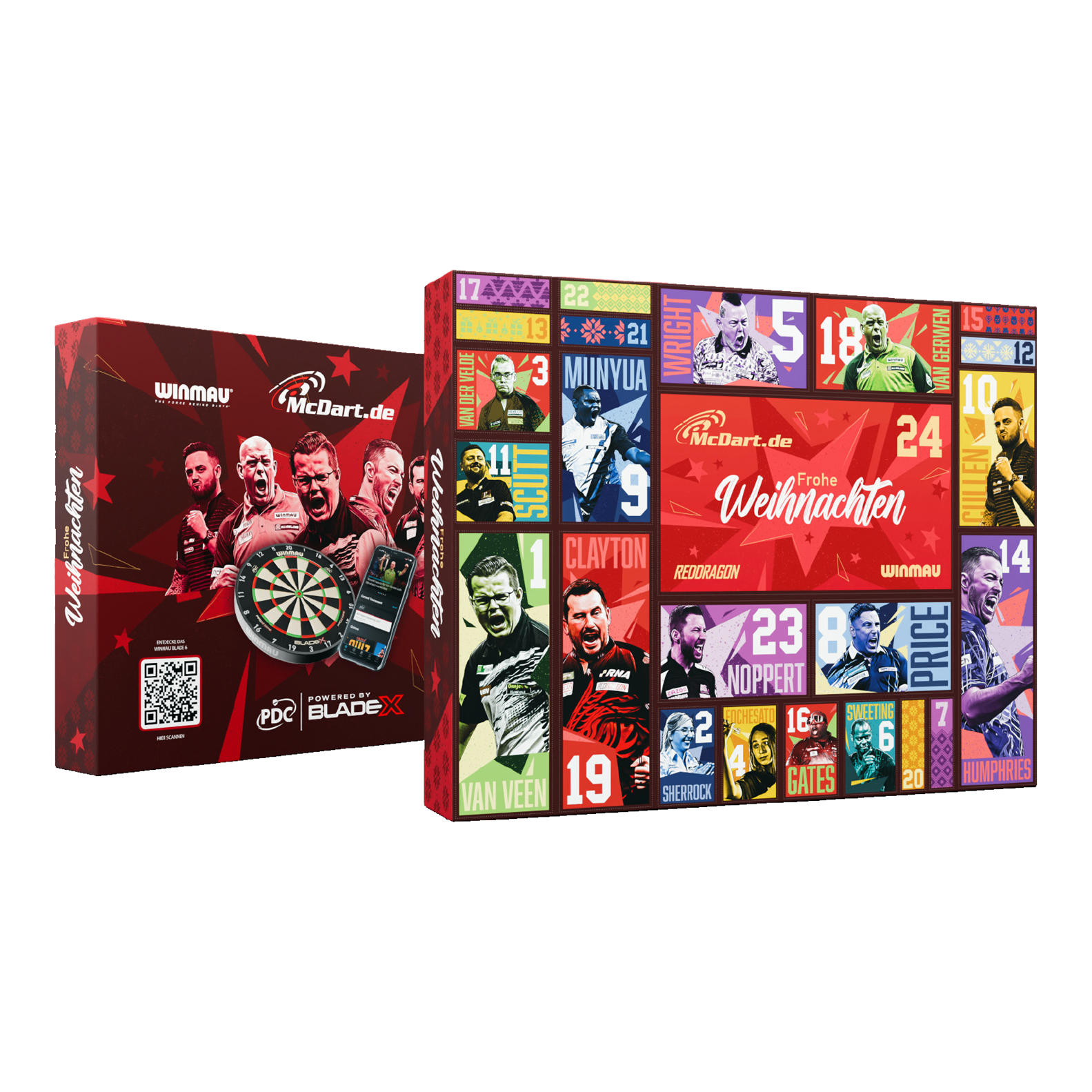 Adventní kalendář McDart Steel Darts 2026 Hier ist der McDart Steel-Darts Adventskalender 2026 abgebildet. Die Verpackung hebt das Adventskalender-Design für Darts-Spieler hervor.