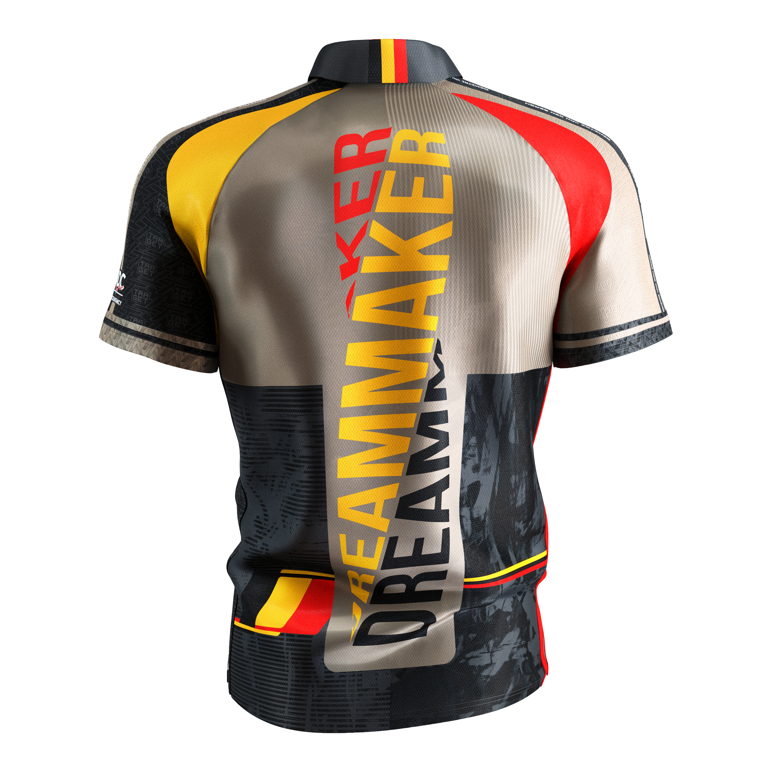 Dies ist das Target Coolplay Dimitri Van Den Bergh 2025 Dartshirt. Auf der Rückseite steht in großen Buchstaben "DREAMMAKER" und das Shirt hat auffällige Farben in Gelb, Rot und Schwarz.