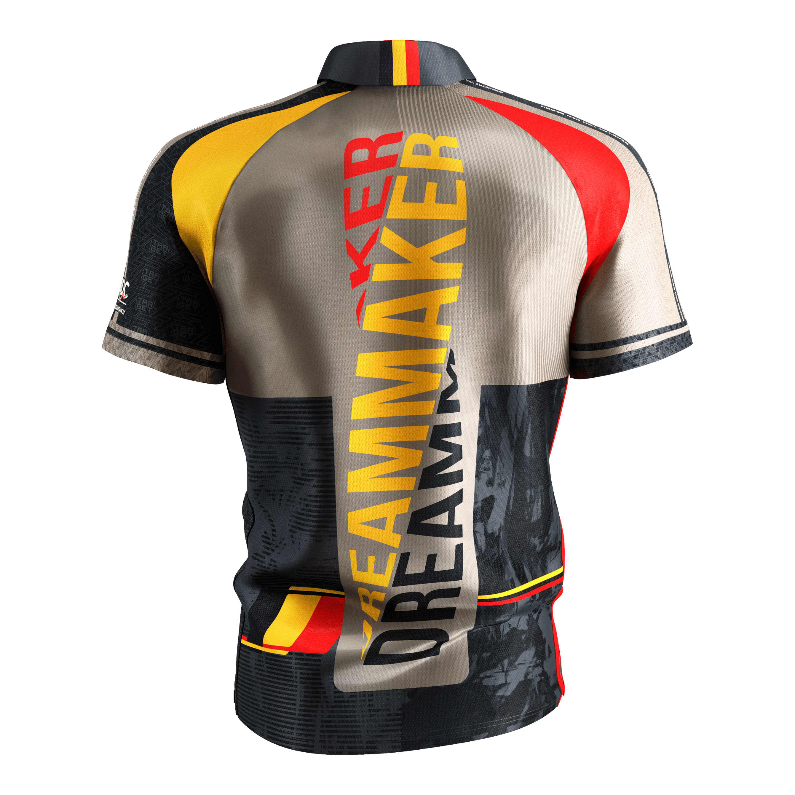 Šipková košile Target Coolplay Dimitri Van Den Bergh 2025 Dies ist das Target Coolplay Dimitri Van Den Bergh 2025 Dartshirt. Auf der Rückseite steht in großen Buchstaben "DREAMMAKER" und das Shirt hat auffällige Farben in Gelb, Rot und Schwarz.