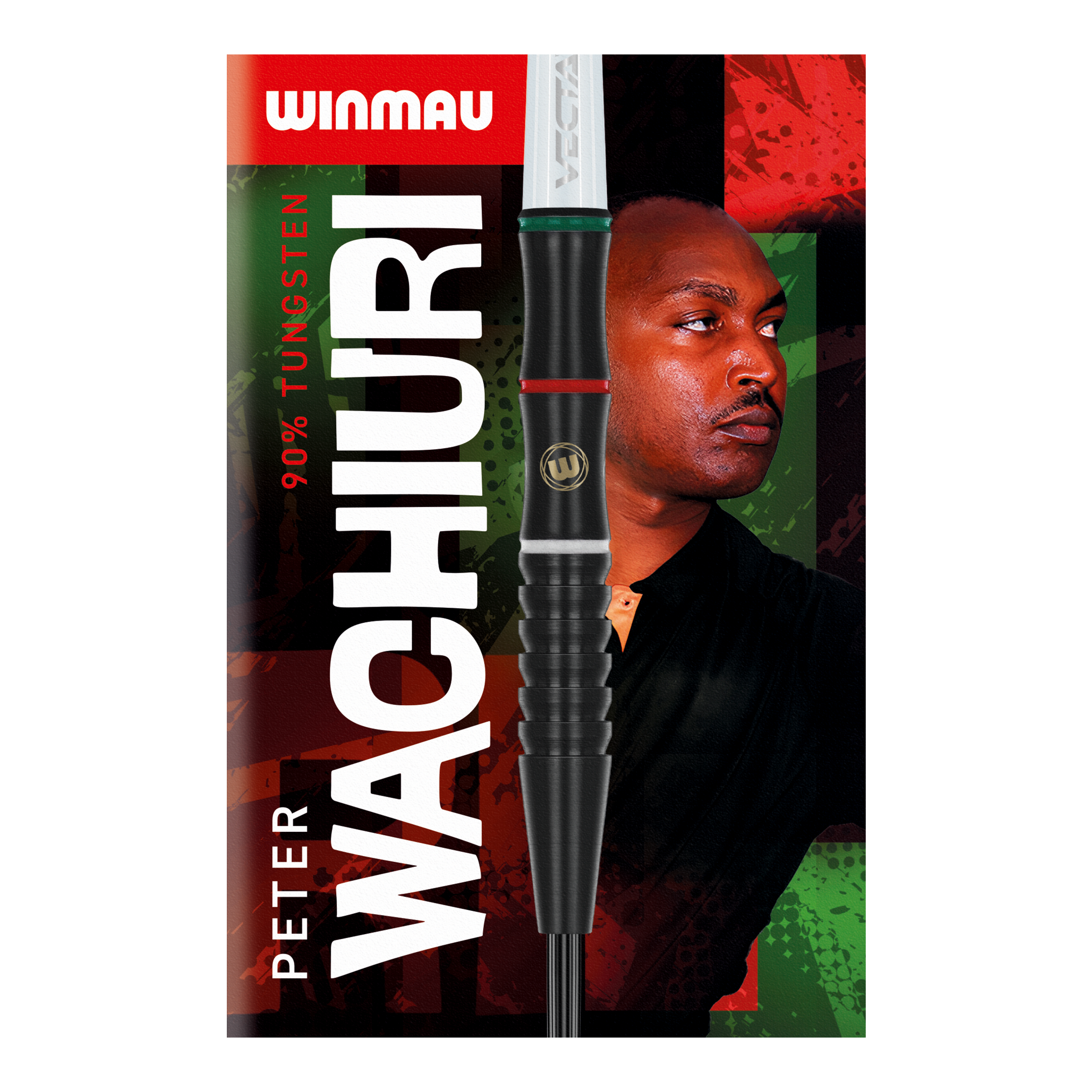 Die Abbildung zeigt die Verpackung der "Winmau Peter Wachuri Steeldarts - 22g". Im Vordergrund ist ein Dartpfeil und im Hintergrund ein Porträt von Peter Wachuri zu sehen.