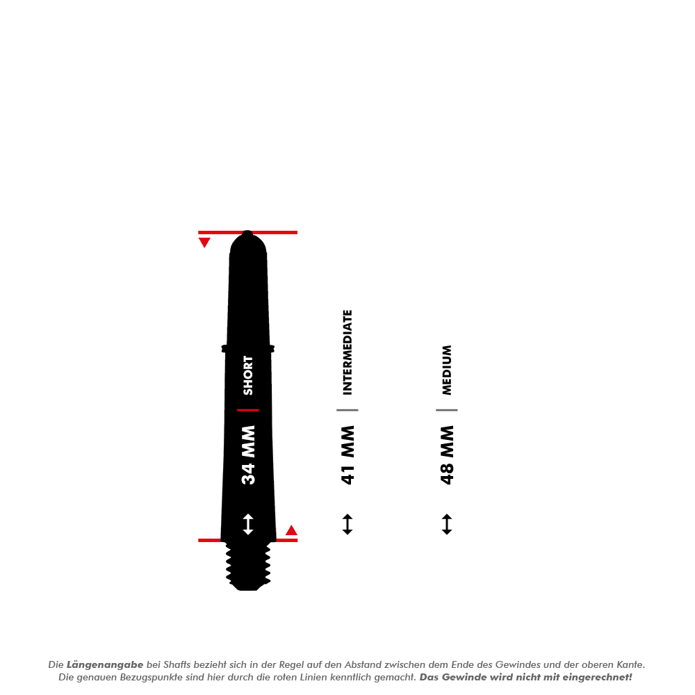 Násadky Target Pro Grip Vision - 3 sady - černé Das Bild zeigt einen kurzen Target Pro Grip Vision Shaft mit einer Länge von 34 mm. Rechts daneben sind die Größen "Intermediate" (41 mm) und "Medium" (48 mm) als Vergleich dargestellt.