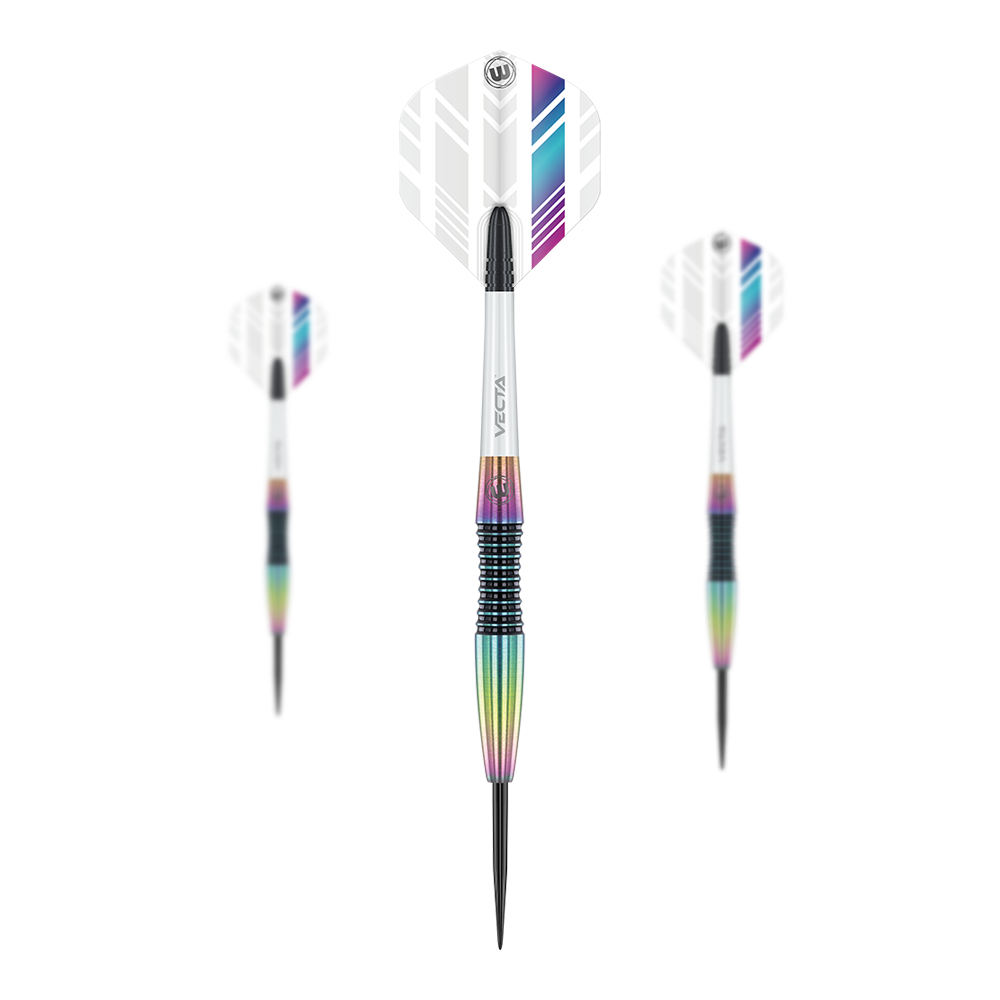 Ocelové šipky Winmau Elektra Das Bild zeigt drei Winmau Elektra Steeldarts mit weißen Flights und bunten, metallischen Schäften. Die Darts sind modern gestaltet und haben schwarze Spitzen.