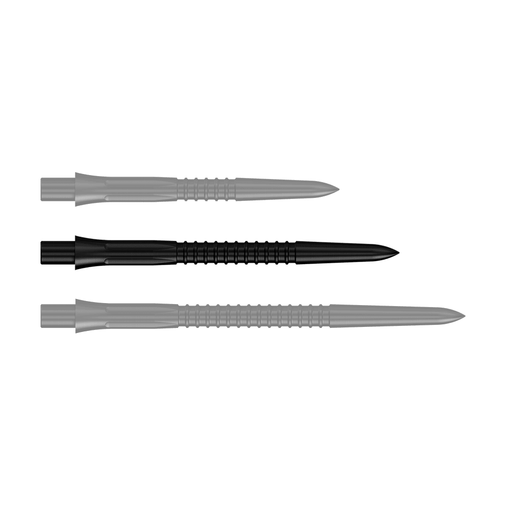 Špičky na šipky Mission Caliburn EVO GV1 - černé Schwarze Steeldartspitze mit 32 mm Länge aus der Misson Caliburn EVO GV1 Reihe. Das Produktbild zeigt eine einzelne Spitze im Detail.