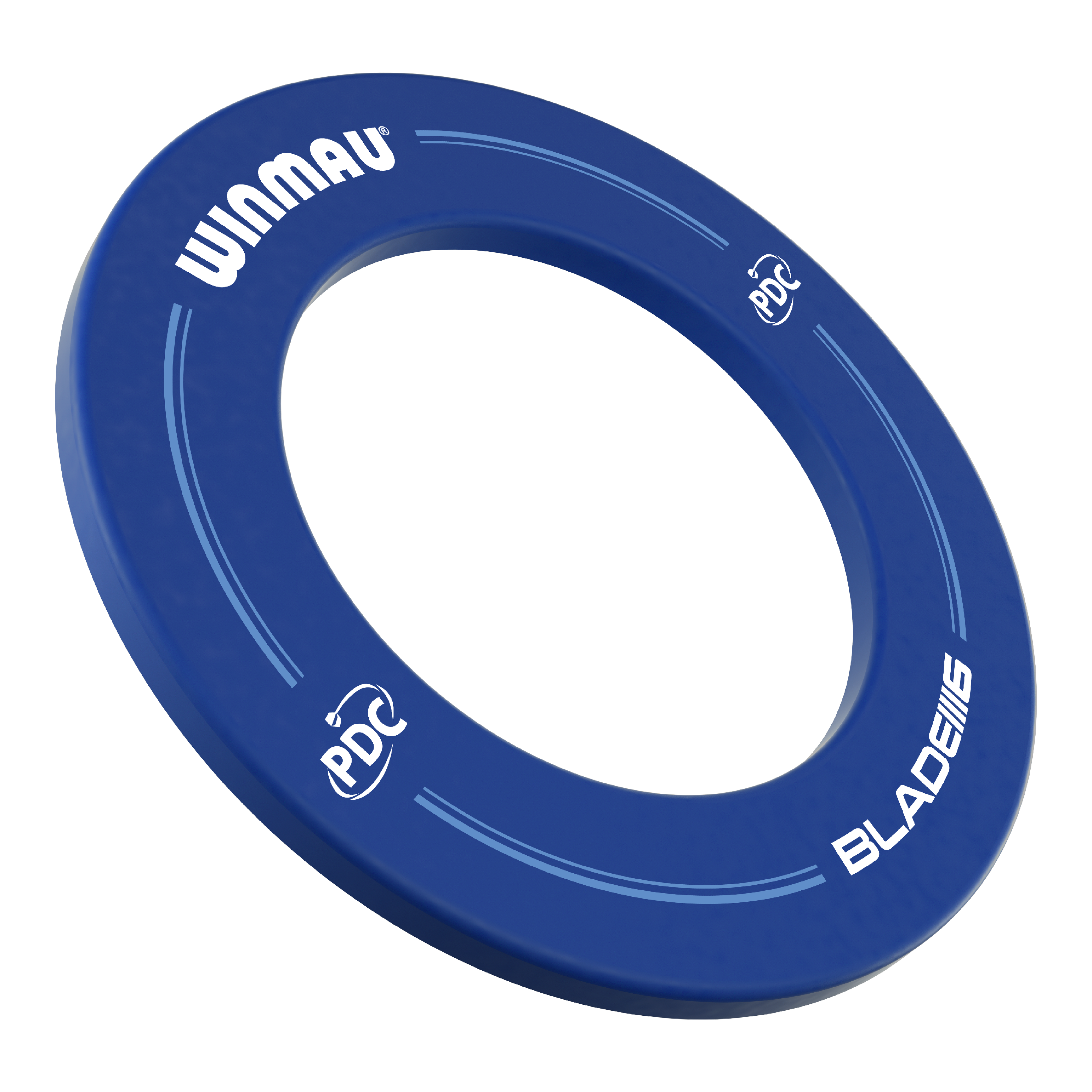 Winmau PDC Dartboard Surround – modrá Auf dem Bild ist ein blauer Dartboard-Surround der Marke Winmau zu sehen. Die Aufschrift enthält die Logos von Winmau, PDC und Blade 6.