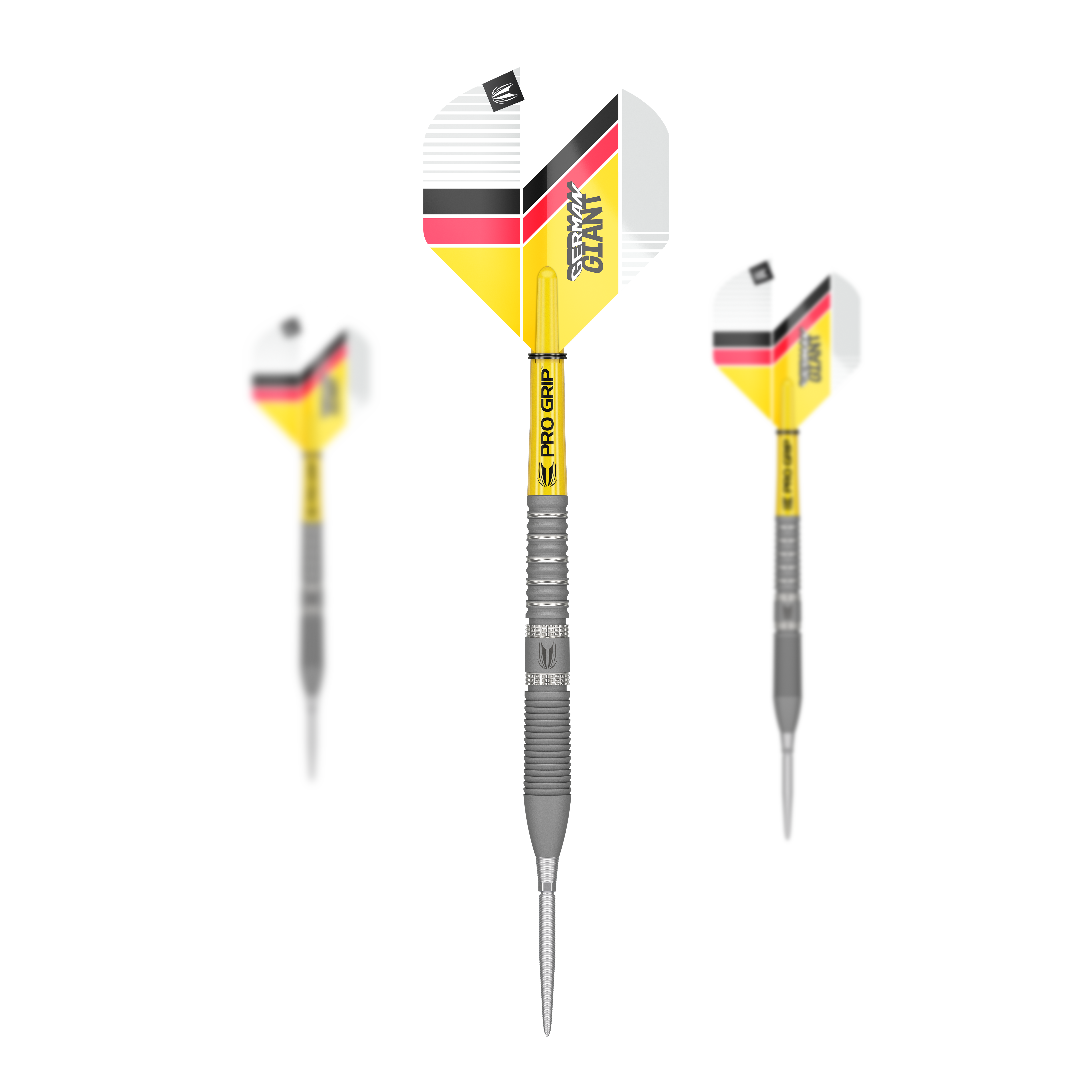 Ocelové šipky Target Gabriel Clemens GEN2 Swiss Point Auf dem Bild sind drei Steeldarts mit gelben, weißen, schwarzen und roten Flights zu sehen. Der mittlere Dart ist groß abgebildet, während die beiden anderen kleiner und seitlich daneben stehen.