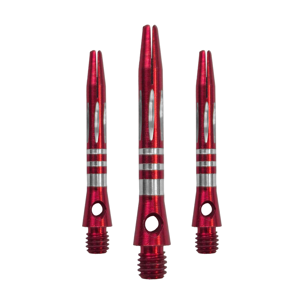 Hliníkové hřídele s diamantovým výbrusem - červené - 35 mm Das Bild zeigt ein Set der Ringed Diamond Cut Aluminium Shafts - Rot - 35 mm. Mehrere rote Aluminium-Dartschäfte liegen nebeneinander.