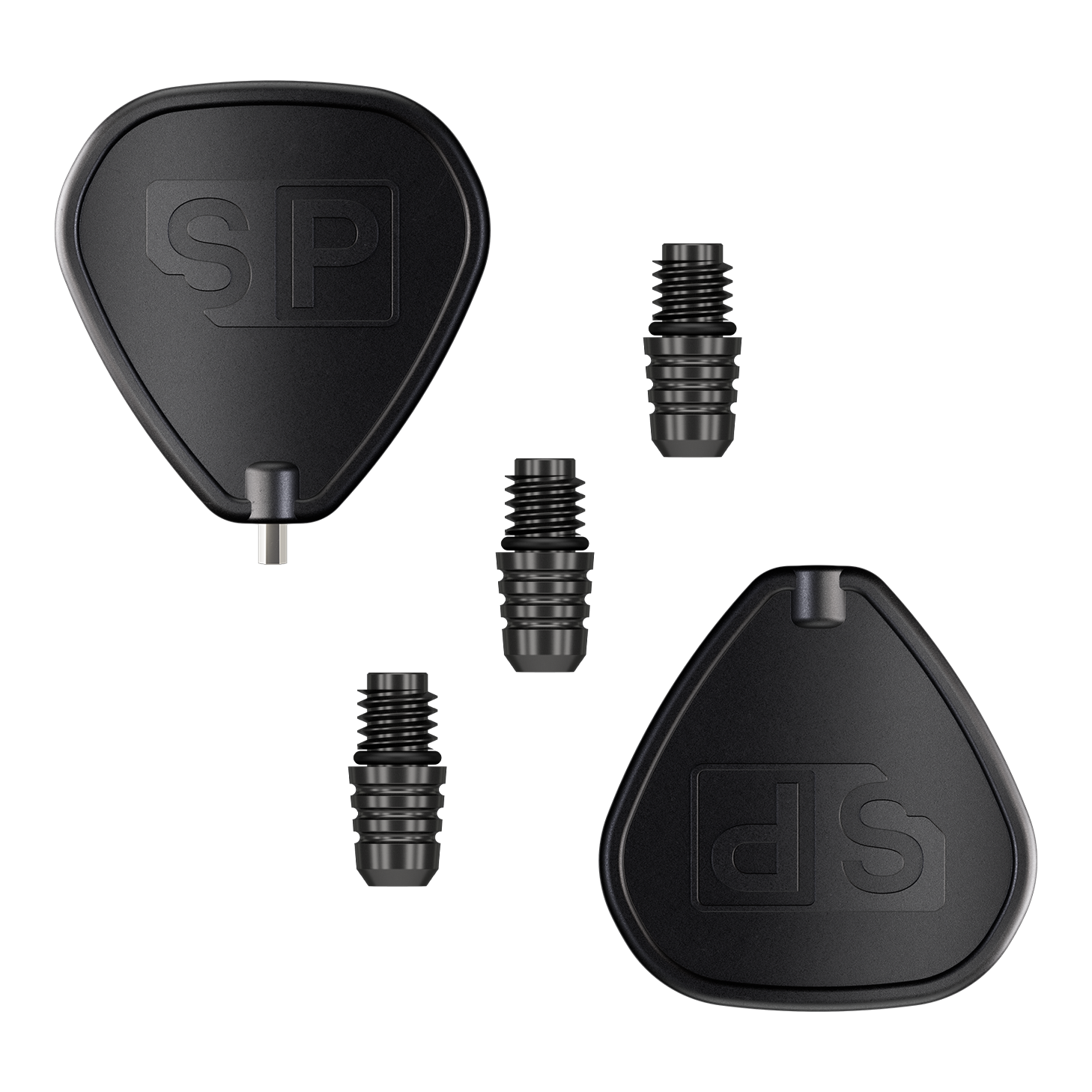 Převodník Target Swiss Point 2BA - černý Das Bild zeigt den Target Swiss Point 2BA Converter in Schwarz. Es sind zwei schwarze Adapter und drei kleine Verbindungsteile abgebildet.