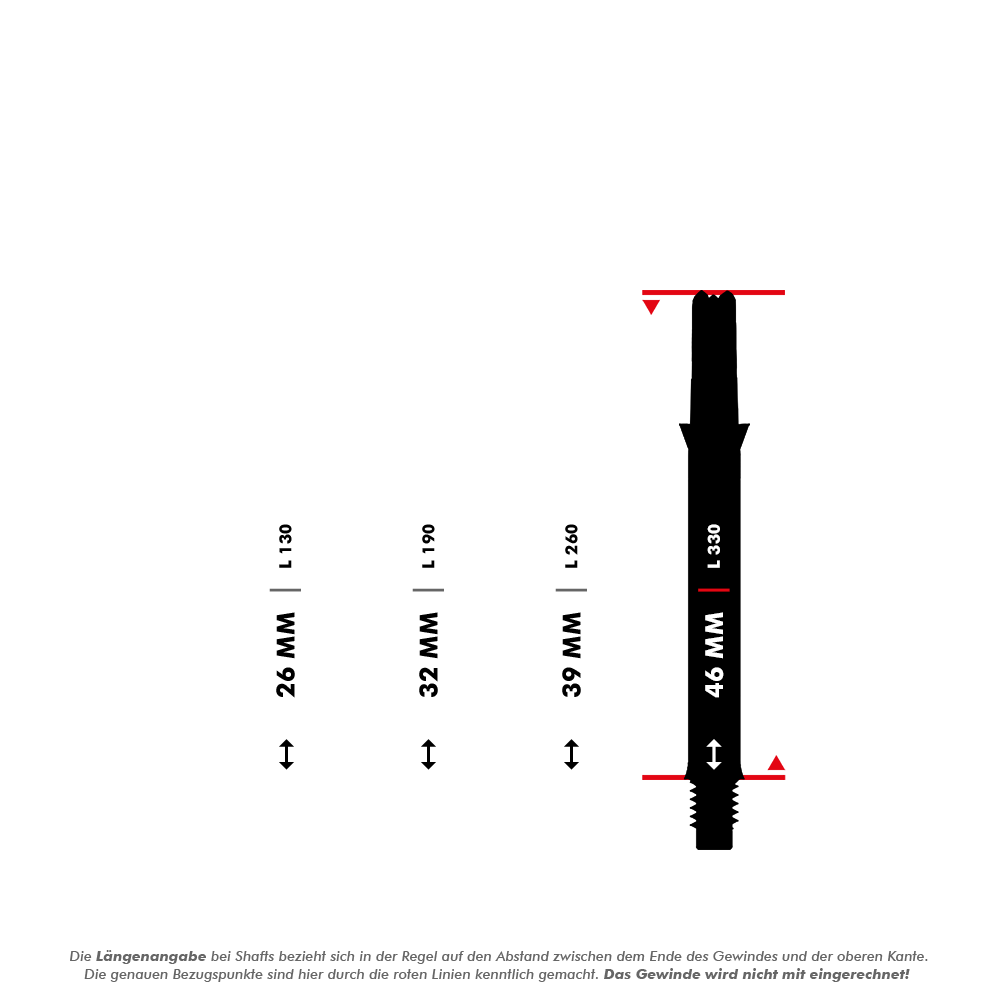Das Bild zeigt vier unterschiedlich lange Dartschäfte mit Längenangaben in Millimetern (26 mm, 32 mm, 39 mm und 46 mm). Die Messpunkte für die Längen sind durch rote Linien markiert, und das Gewinde wird bei der Längenermittlung nicht mit einberechnet.