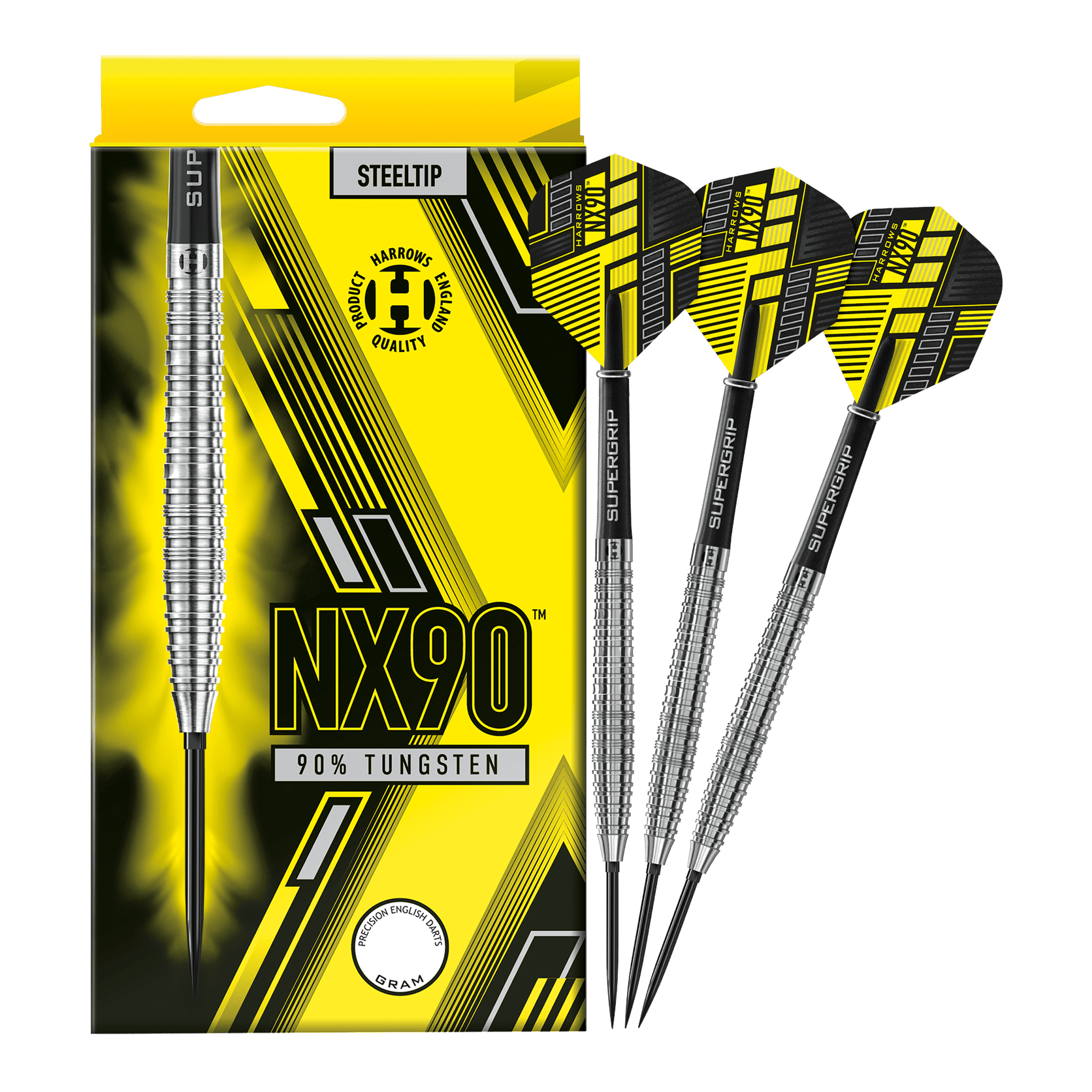 Harrows NX90 zúžené ocelové šipky s rychloupínáním Das Bild zeigt die Harrows NX90 Tapered Quick Point Steeldarts in voller Ansicht. Die Steeldarts sind für Präzision und Qualität bekannt.