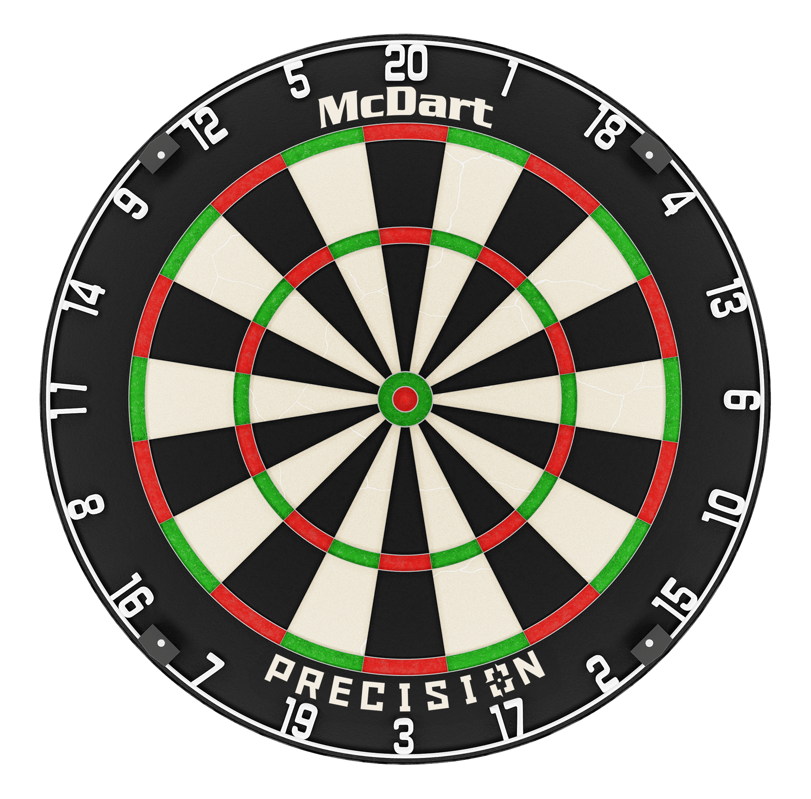 Ocelový terč McDart Precision McDart Precision Steeldartboard ist auf dem Bild zentral dargestellt. Die Dartsegmente sind schwarz und weiß.