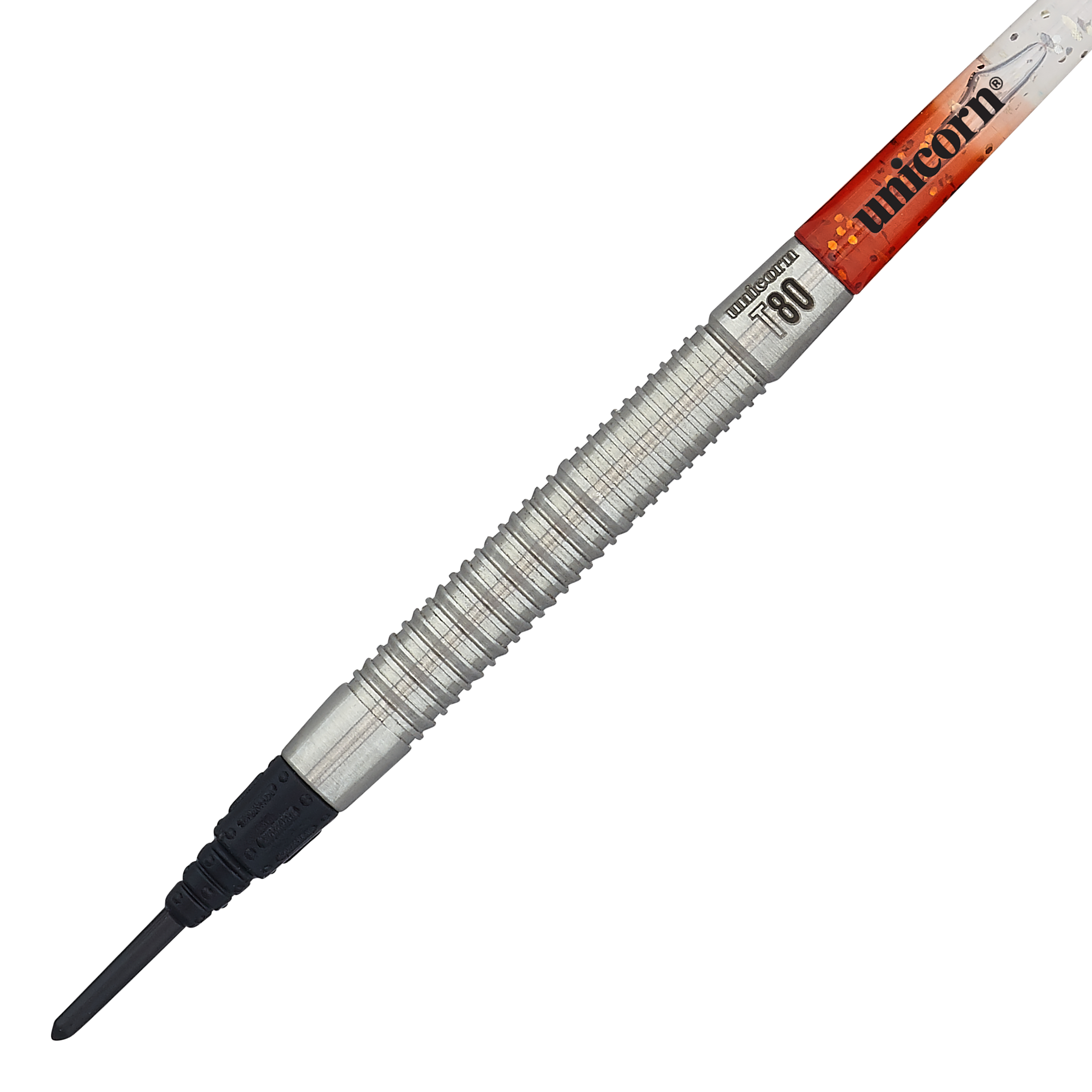 Unicorn Core XL Striker Style 1 Softdarts - 19g Das Bild zeigt einen Unicorn Core XL Striker Style 1 Softdart mit 19 Gramm Gewicht. Der Dart hat einen silbernen, geriffelten Griff und eine schwarze Softspitze.