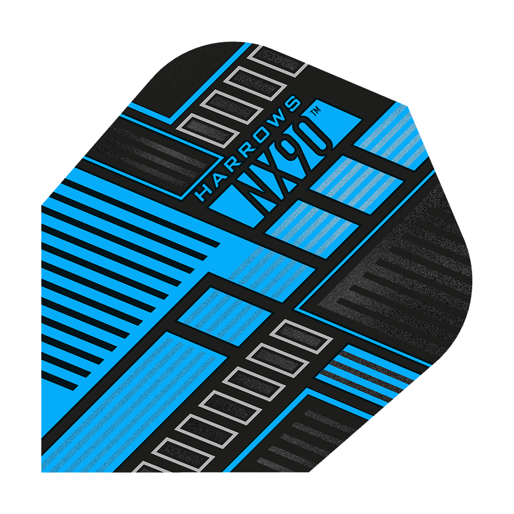 HR48_Harrows_Prime_NX90_Blue_No6_Flights_1TRyAOKqNIP8bj Das Bild zeigt das Produkt "Harrows Prime NX90 Blue Flights". Das Design ist modern mit schwarzen, blauen und silbernen geometrischen Linien und Mustern.
