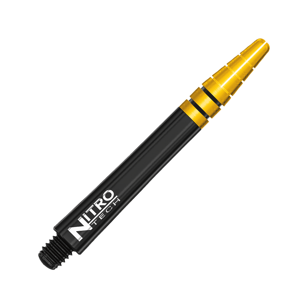 C702_Red_Dragon_Nitrotech_Black_Gold_Shafts_42mm_2 Auf dem Bild ist ein Dartshaft in Schwarz und Gold zu sehen. Auf dem Schaft steht der Schriftzug "NITRO TECH".
