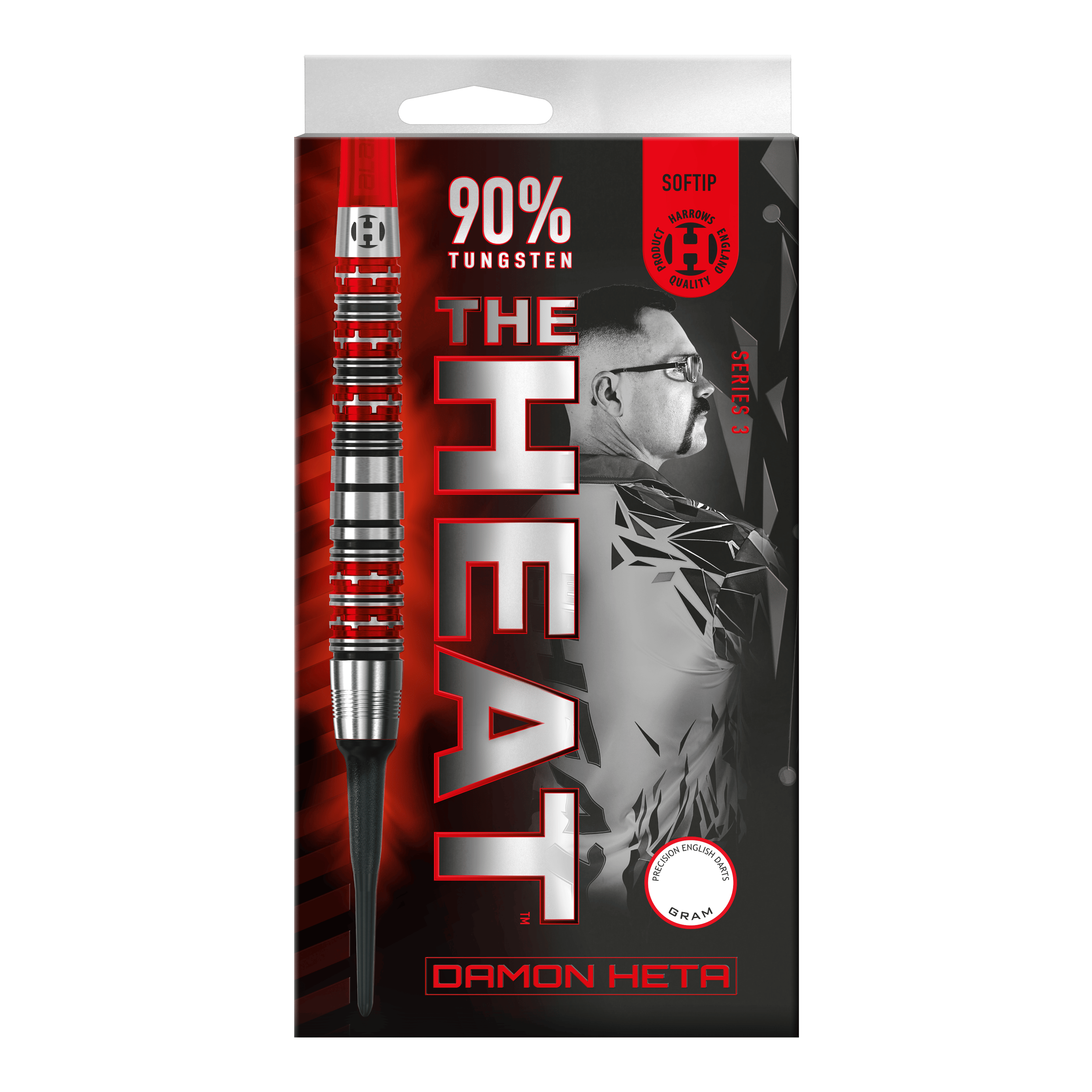Měkké šipky Harrow's Damon Heta Series 3 Die Abbildung zeigt die Verpackung der "Harrows Damon Heta Series 3 Softdarts". Auf der Verpackung stehen "90% Tungsten" und ein Porträt von Damon Heta im Hintergrund.