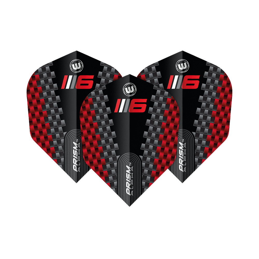 Letky Winmau Prism Alpha Blade 6 Chevron No6 Das Bild zeigt drei Dart-Flights des Modells "Winmau Prism Alpha Blade 6 Chevron No6". Die Flights haben ein schwarzes Design mit roten und silbernen Karomustern sowie der Aufschrift „6“ und „PRISM ALPHA“.