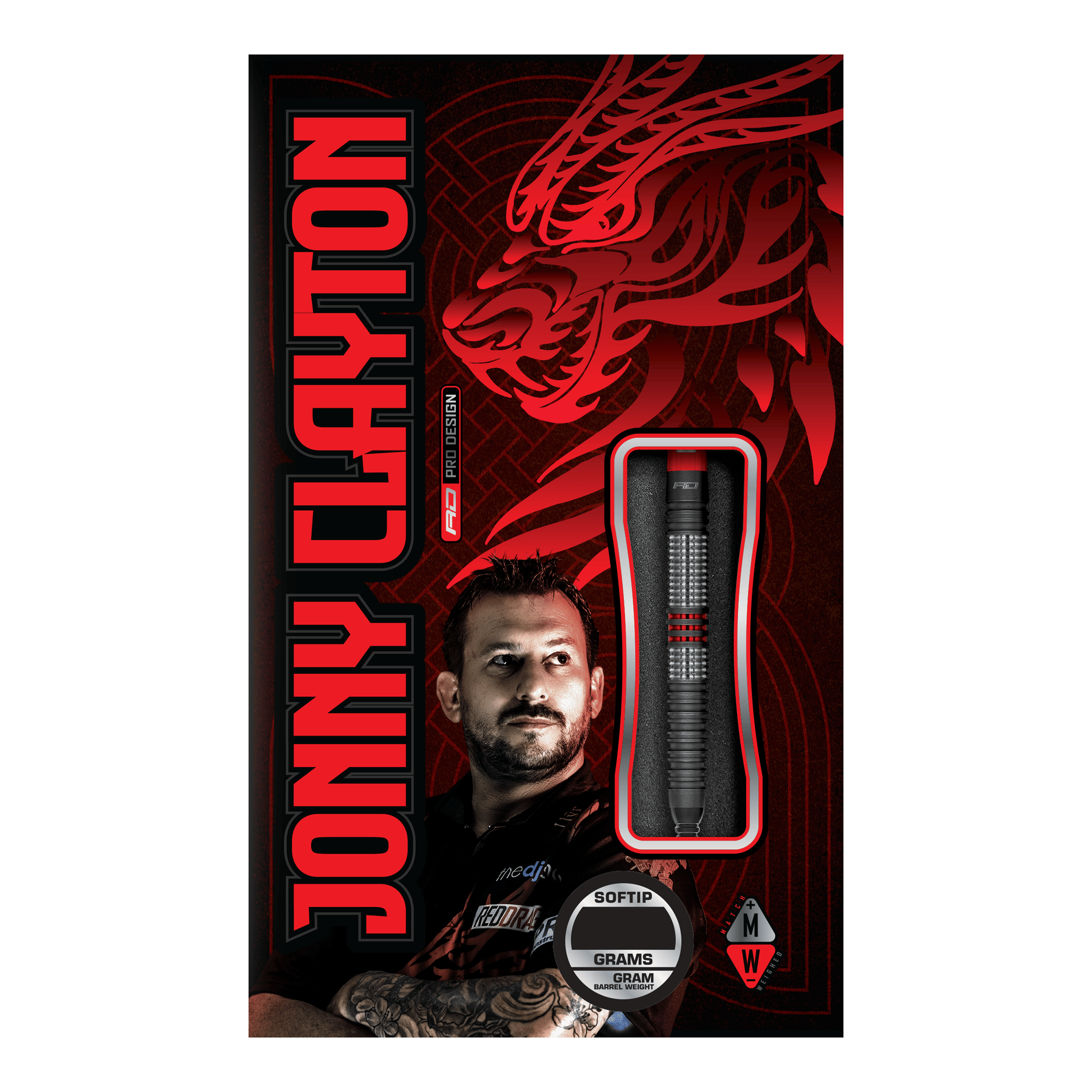 Red Dragon Jonny Clayton Hiraeth měkké šipky - 20g Die Abbildung zeigt die Verpackung der „Red Dragon Jonny Clayton Hiraeth Softdarts - 20g“. Auf der Vorderseite sind der Dart, ein Porträt von Jonny Clayton und ein roter Drachen als Design-Element zu sehen.
