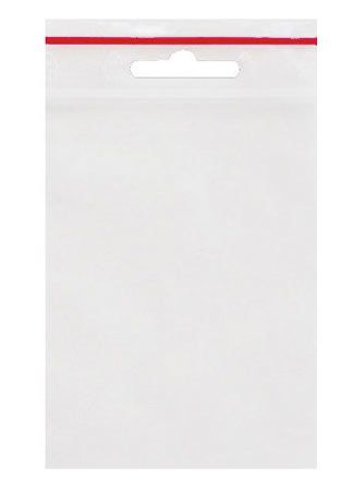 bt Das Bild zeigt einen durchsichtigen Kunststoffbeutel mit Euroloch und rotem Verschlussstreifen. Der Beutel hat die Maße 80x120 mm und eignet sich zum Aufhängen von Produkten.