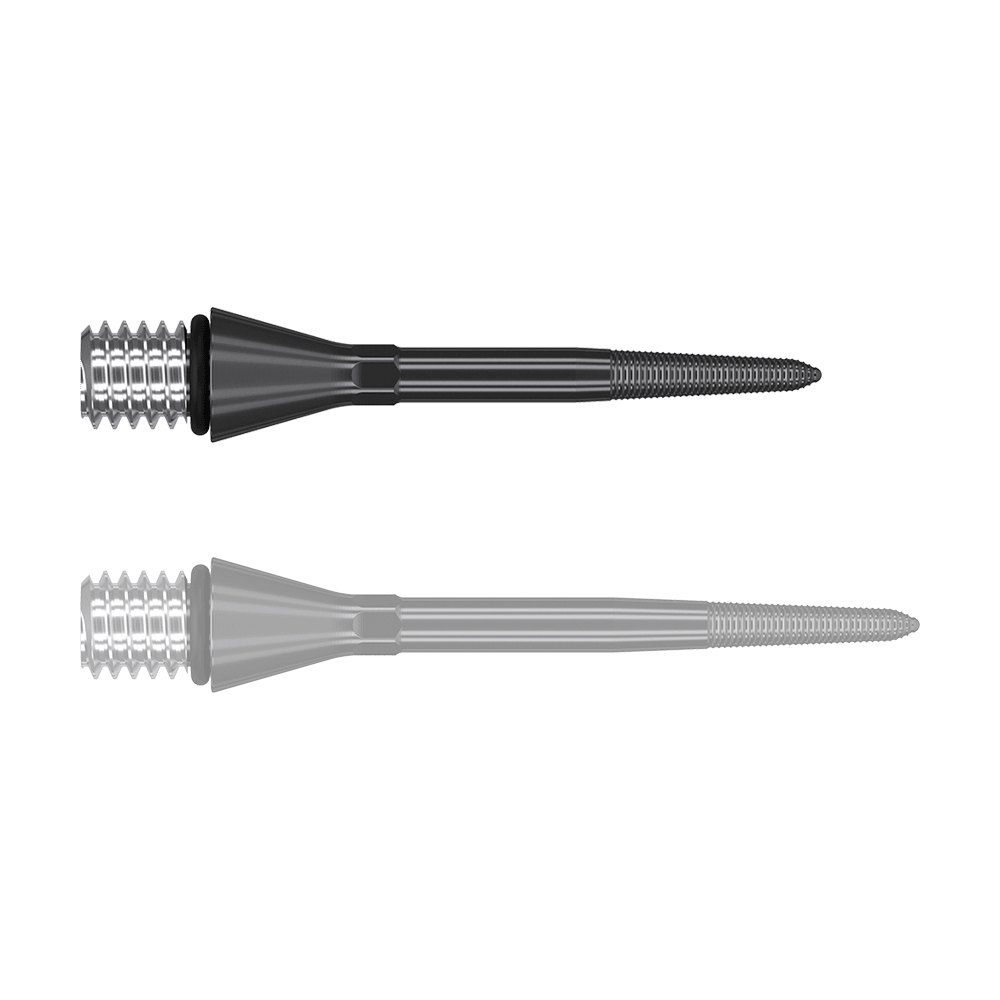 380160_Target_Titanium_Swiss_Point_Nano_Conversion_Points_Schwarz_26mm_1sPIRzikQ81TQh Das Bild zeigt zwei schwarze, spitze Metallaufsätze mit einem Schraubgewinde am breiten Ende. Sie liegen parallel nebeneinander auf weißem Hintergrund.